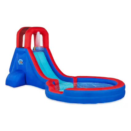 Front. Sunny & Fun - Single Ring Inflatable Water Slide Park with Climbing Wall & Deep Pool.