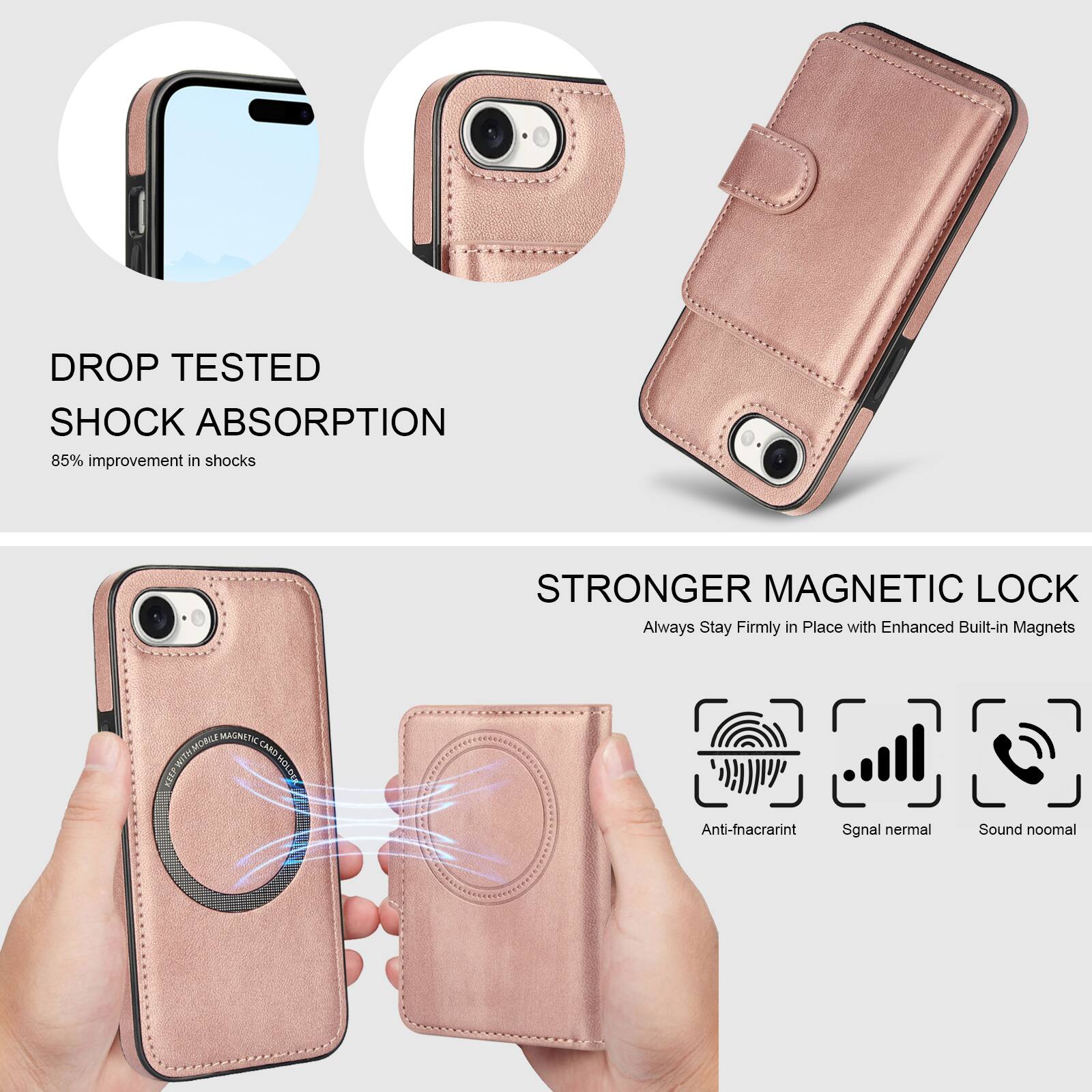 DROP TESTED SHOCK ABSORPTION  
85% improvement in shocks  

STRONGER MAGNETIC LOCK  
Always Stay Firmly in Place with Enhanced Built-in Magnets  

ANTI-FINGERPRINT  
Signal normal  
Sound normal
