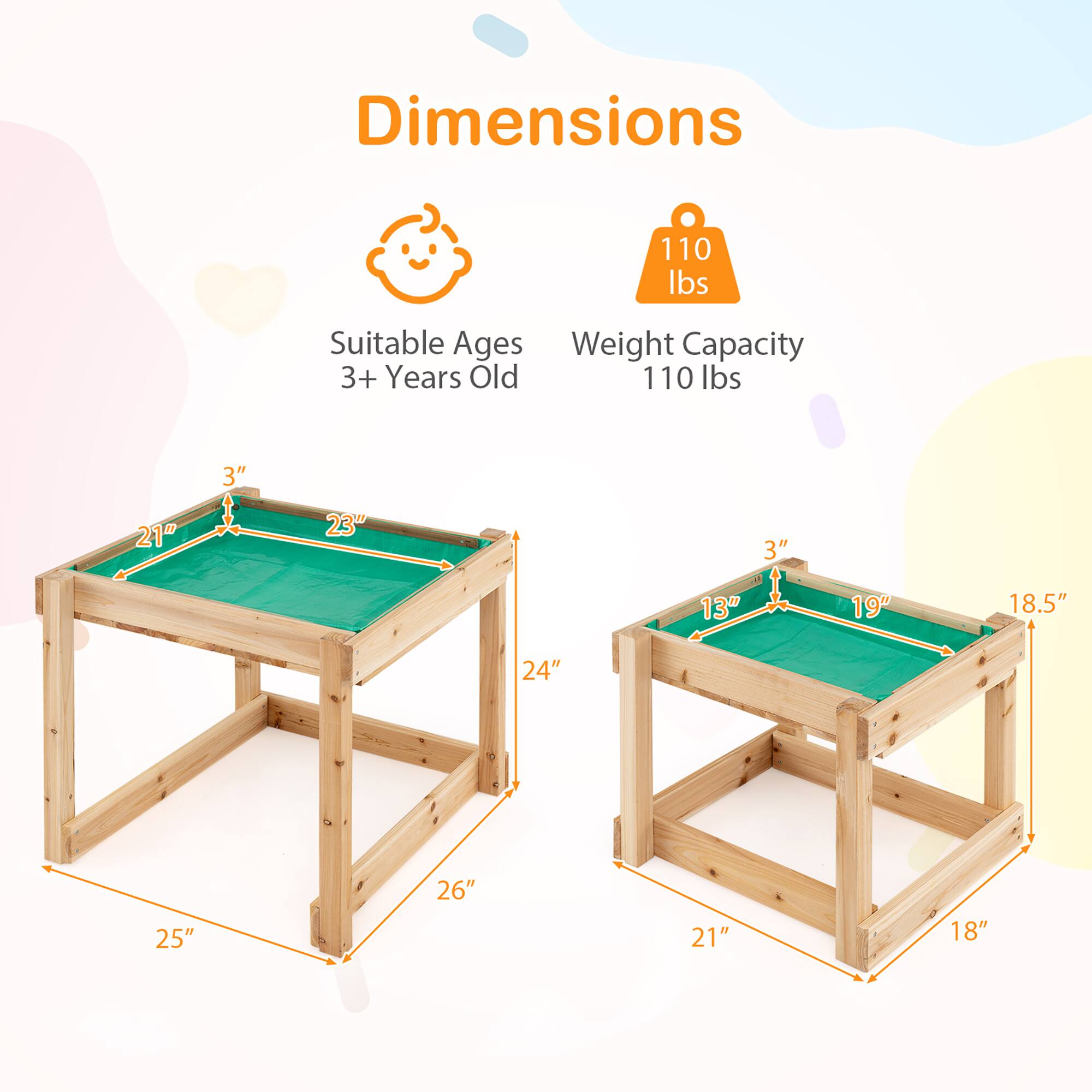 Dimensions  
- Suitable Ages: 3+ Years Old  
- Weight Capacity: 110 lbs  

Dimensions:  
- 21" x 23" x 3"  
- 13" x 19" x 3"  
- 24" x 25" x 26"  
- 18.5" x 21" x 18"