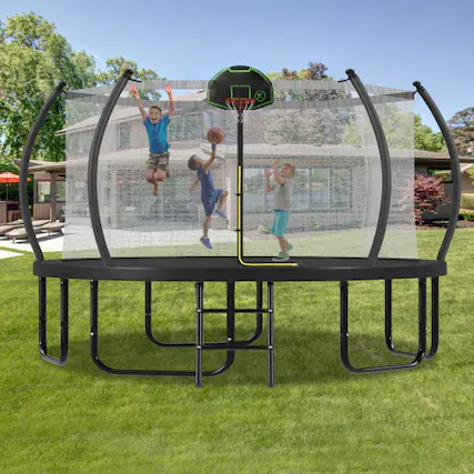 Front. DRONKON - 12 FT Trampoline with Basketball Hoop Enclosure Net for Kids and Adults - Black.