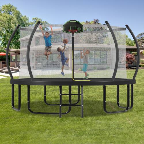Front. DRONKON - 12 FT Trampoline with Basketball Hoop Enclosure Net for Kids and Adults - Black.