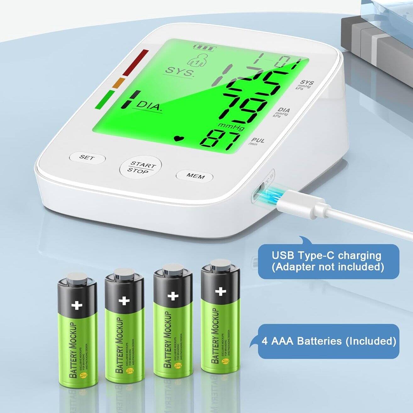 SET ... SYS. SYS KFS A DIA. mmHg SUT AP m DIA B7 Jvi PUL START STOP MEM USB p- charging (Adapter not included) + MOCKUP BATTERY - - BATTE + MOCKUP BATTERY CUSERSN 1 notnnnotom Sw BATTER + MOCKUP BATTERY DERRDROOP | 1  BATTERY + MOCKUP BATTERY ELUUNIRLSN -  BATTERY 4 AAA Batteries (Included)