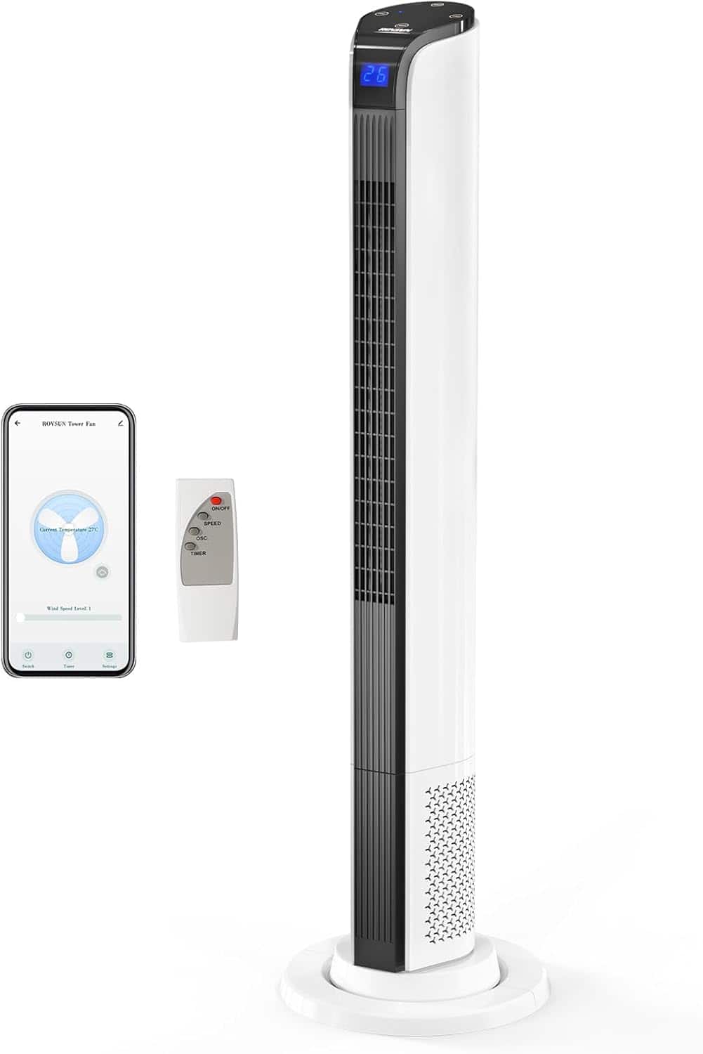Winado - 42" Tower Fan with APP & Remote Control, Smart Floor Fan with 3 Modes 3 Speeds & Digital Display, Bladeless Standing Fan - Black & White