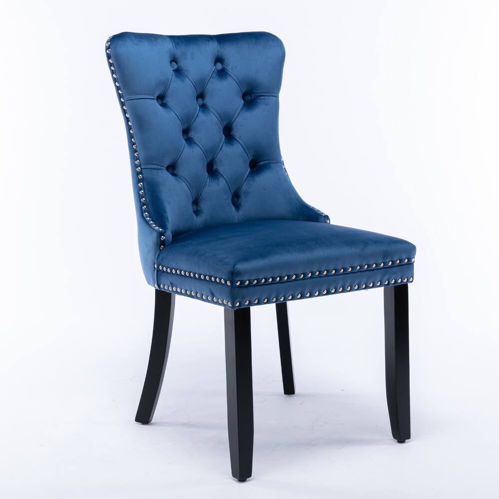 Left. Loheer - Loheer Blue Velvet Dining Chairs Set of 2 Tufted Solid Wood High Back Upholstered Contemporary Seat with Nailhead Trim - Blue.