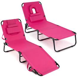 Costway - 2 PCS Beach Chaise Lounge Chair with Face Hole Pillows & Adjustable Backrest - Pink