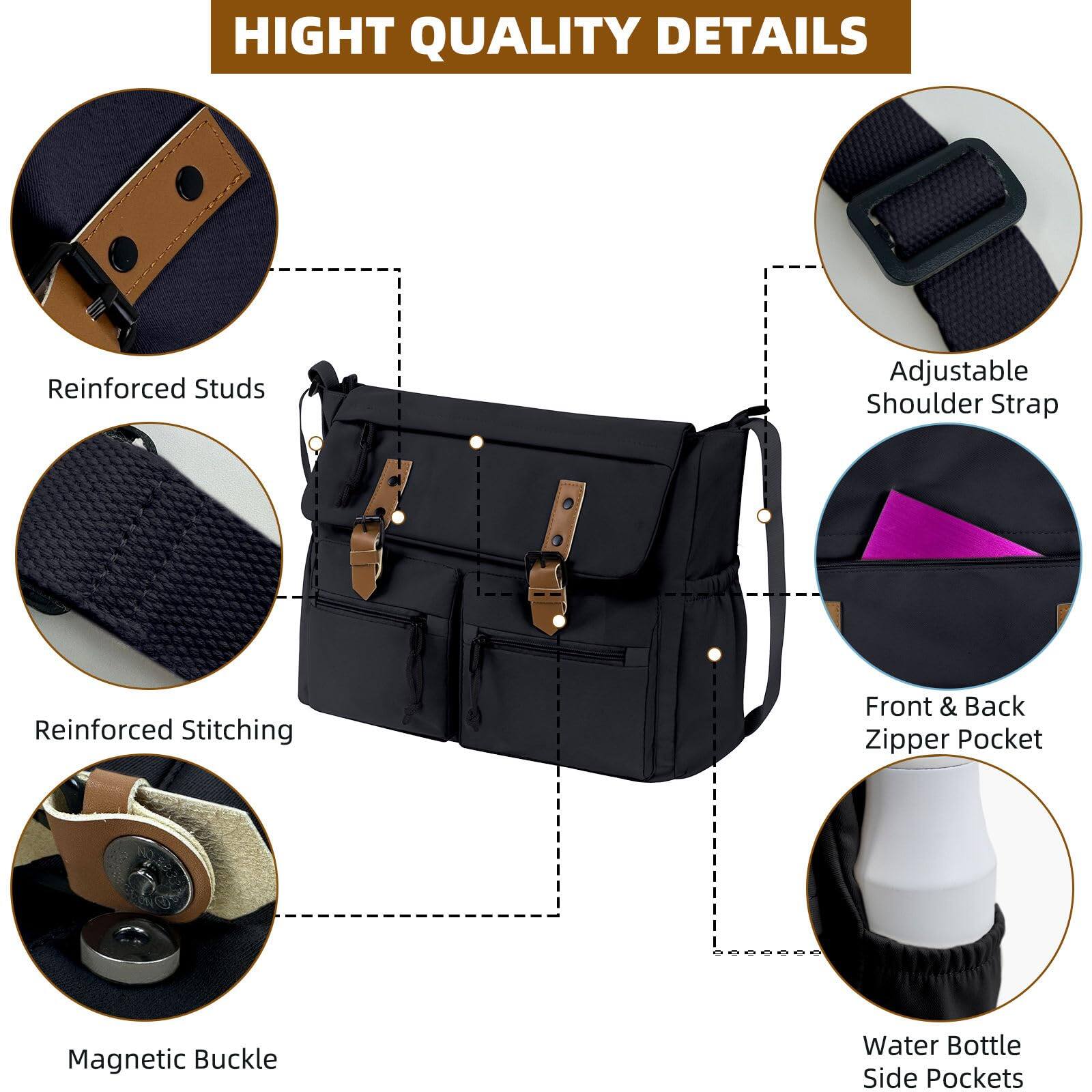 HIGH QUALITY DETAILS

- Reinforced Studs
- Adjustable Shoulder Strap
- Reinforced Stitching
- Front & Back Zipper Pocket
- Magnetic Buckle
- Water Bottle Side Pockets