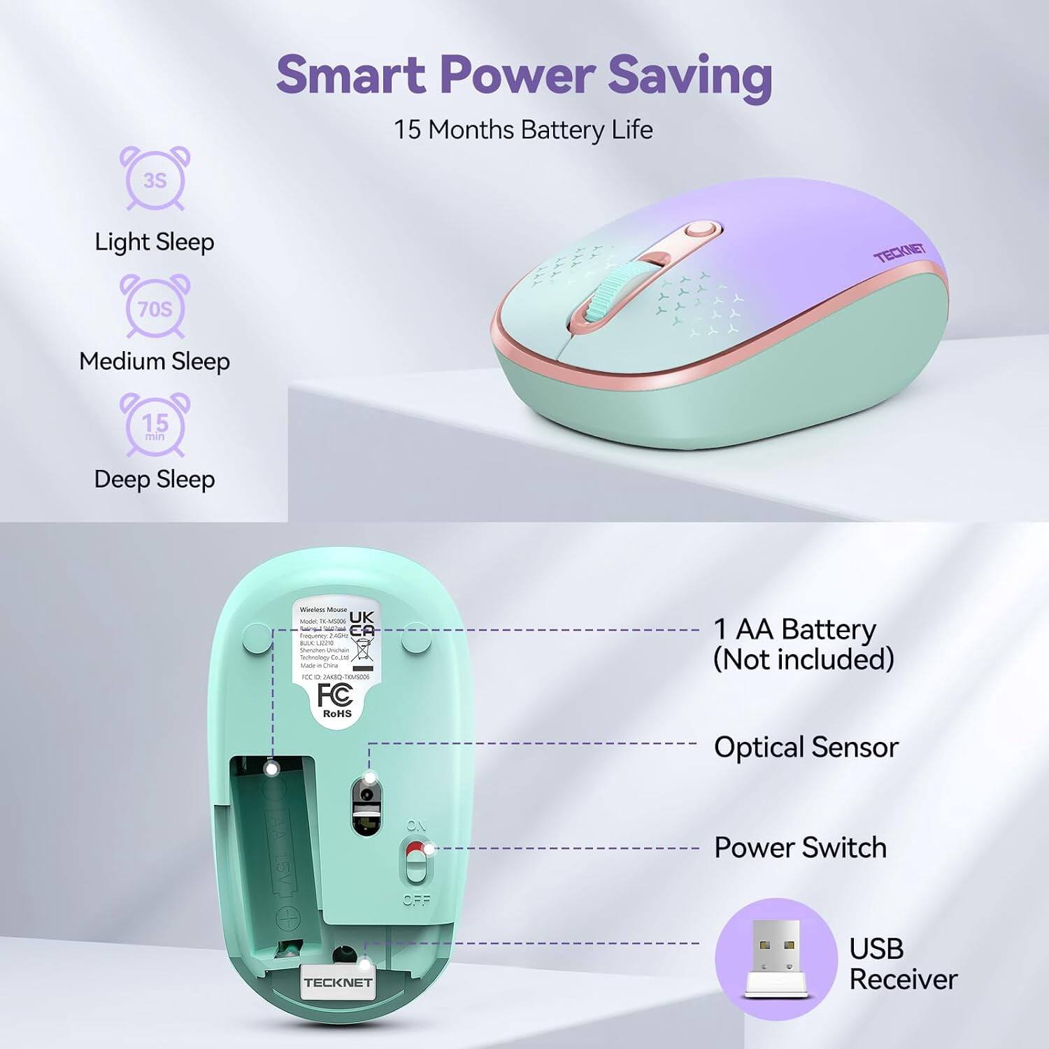 Smart Power Saving  
15 Months Battery Life

3S  
Light Sleep

70S  
Medium Sleep

15 min  
Deep Sleep

Weeless Mouse MADK KAV5206 UK  
EA Requency: 240ME kcc LESSO Mester Quicken Technology Co.jad 100 200 FOOD 0 COAL 5005006 FC RoHS

1 AA Battery (Not included)  
Optical Sensor  
1.0  
Power Switch

TECKNET  
USB Receiver