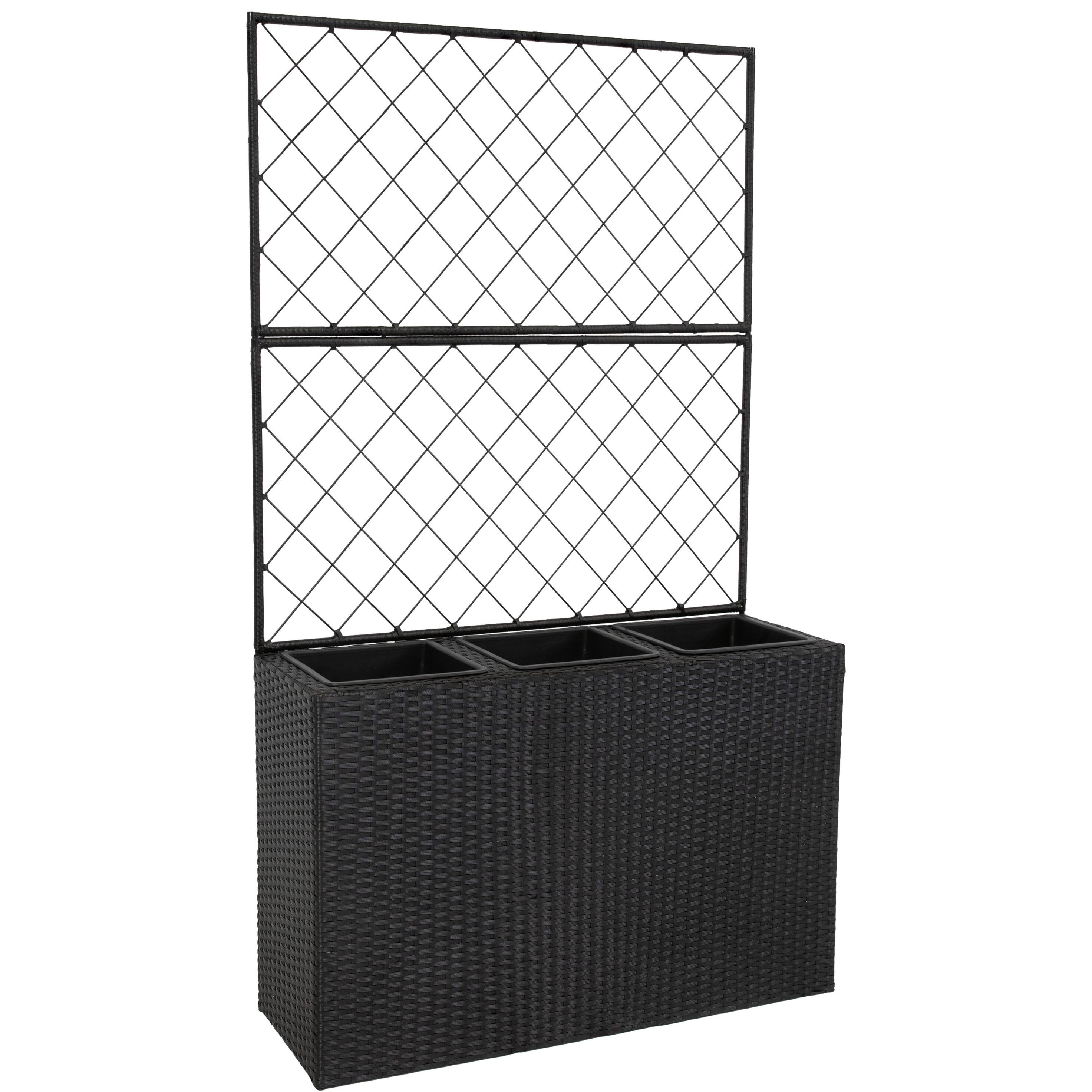 Front. Sunnydaze - 3-Section Wicker Planter Box with Trellis - Black.