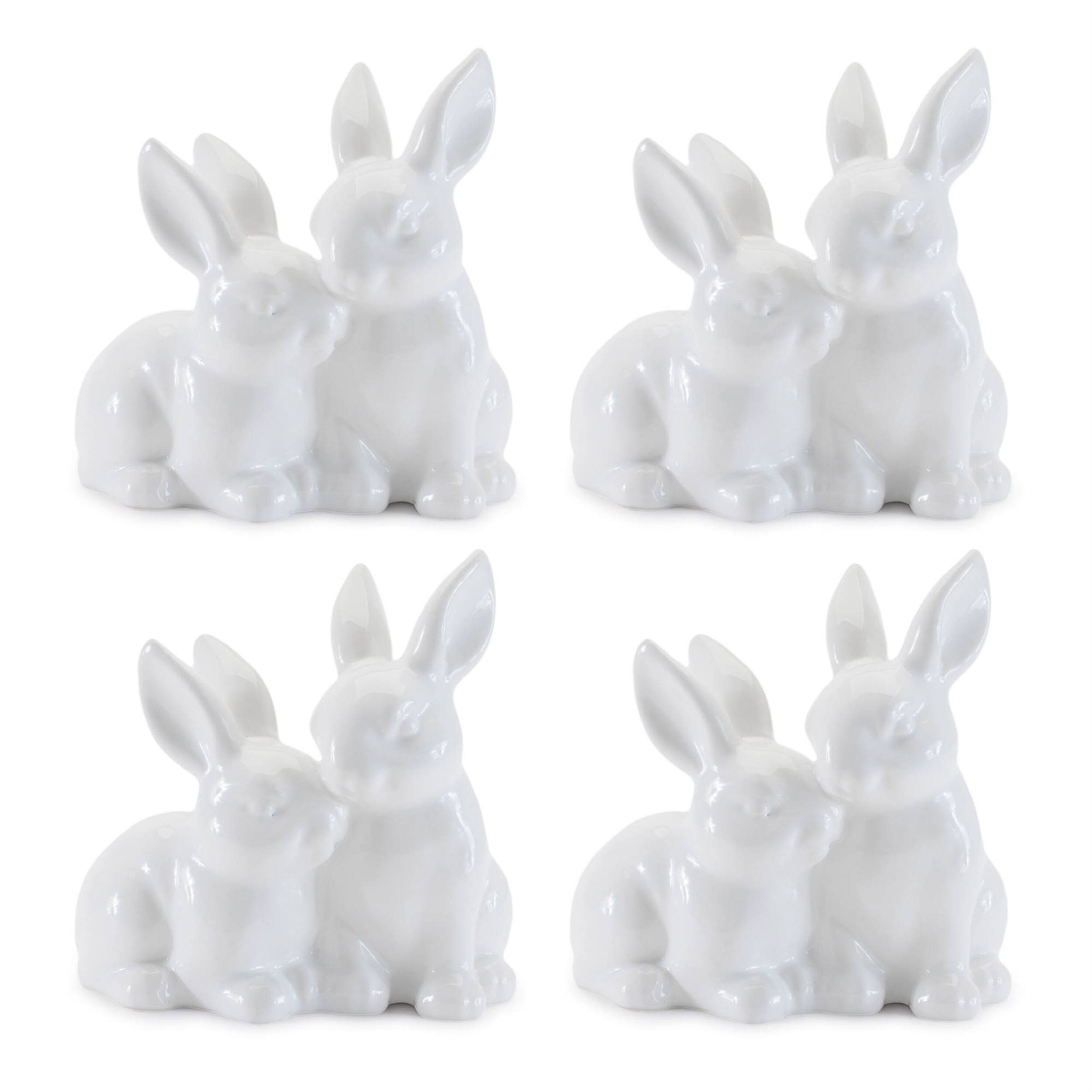 Left. BreeBe - Ceramic Mini Garden Bunny Couple (Set of 4) - White.