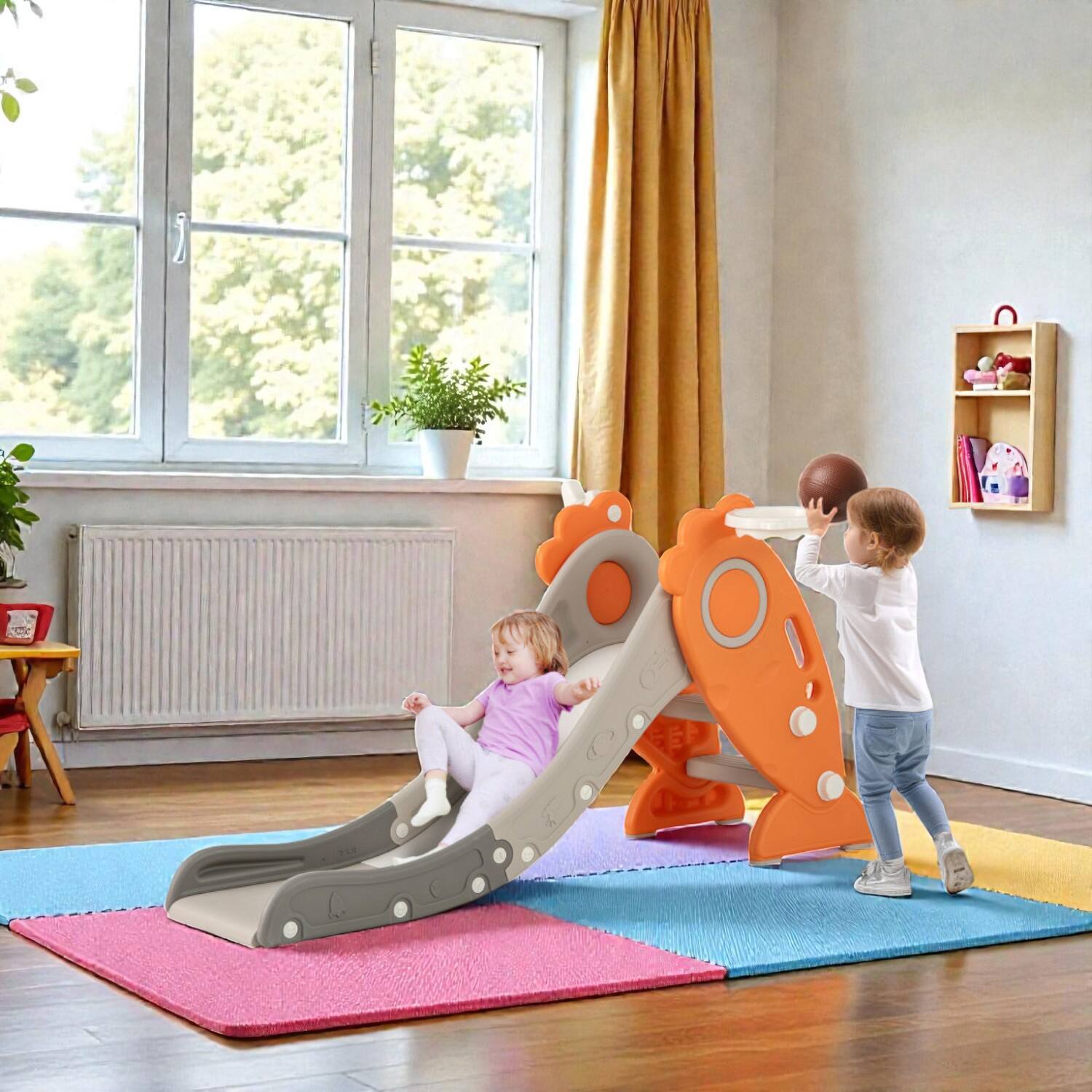 BreeBe - Multi-Feature Childrens Indoor Slide with Hoop and Toss Rings for Ages 3+ - Orange price history on PriceWatchPro