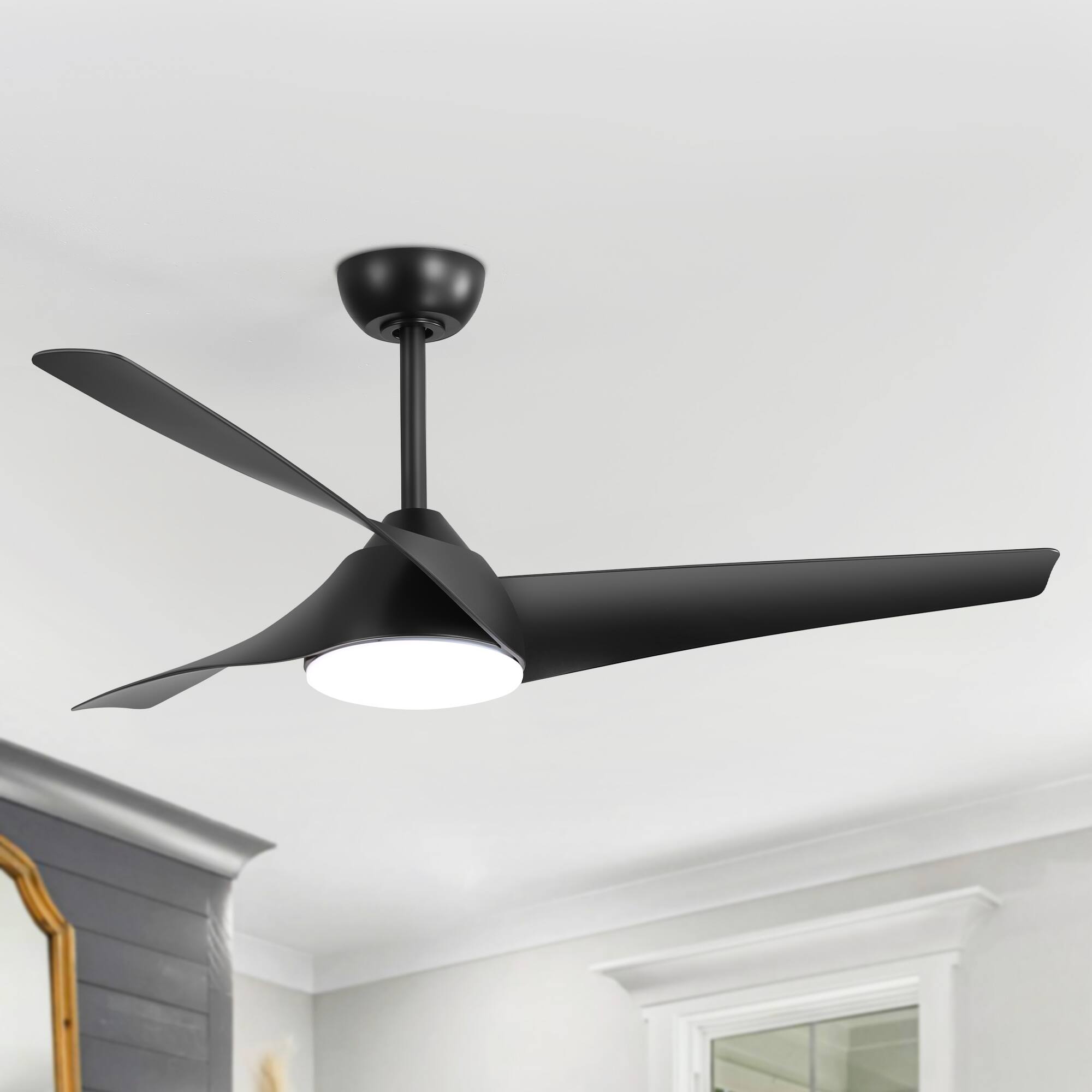 Back. Breezary - 52" Indoor Ceiling Fan with 3 ABS Blades, 3-Color Light, 6-Speed DC Motor, 5''&10'' Downrods, Remote with Timer - Matte Black.