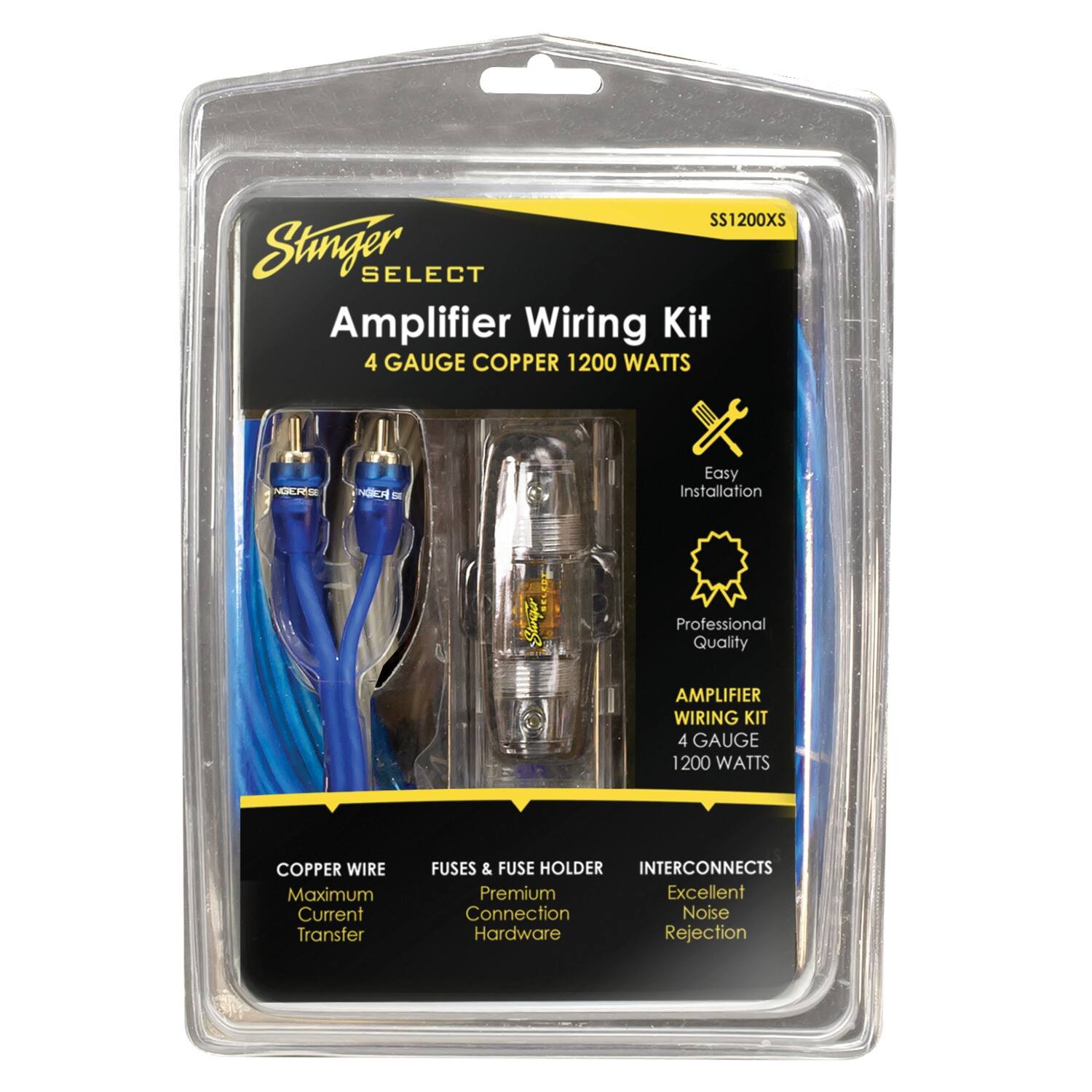 SS1200XS Stinger SELECT Amplifier Wiring Kit  
4 GAUGE COPPER 1200 WATTS  
Easy Installation  
Professional Quality  
AMPLIFIER WIRING KIT  
4 GAUGE 1200 WATTS  

COPPER WIRE  
Maximum Current Transfer  

FUSES & FUSE HOLDER  
Premium Connection Hardware  

INTERCONNECTS  
Excellent Noise Rejection