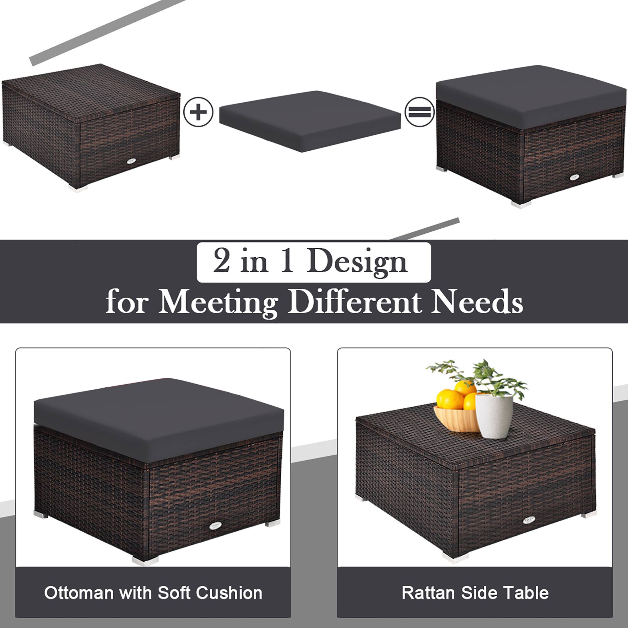 The text on the image is grouped and corrected as follows:

"2 in 1 Design for Meeting Different Needs: Ottoman with Soft Cushion + Rattan Side Table"
