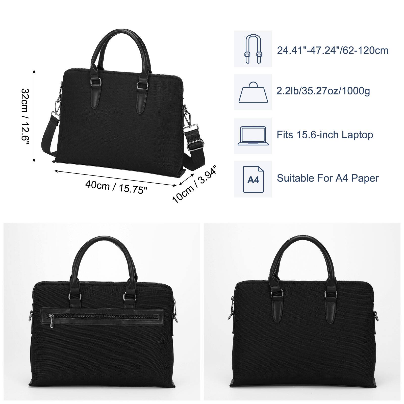 24.41" 24.41"-47.24"/62-120cm  
32cm / 12.6"  
40cm / 15.75"  
10cm / 3.94"  
2.2lb/35.27oz/1000g  
Fits 15.6-inch Laptop  
Suitable For A4 Paper