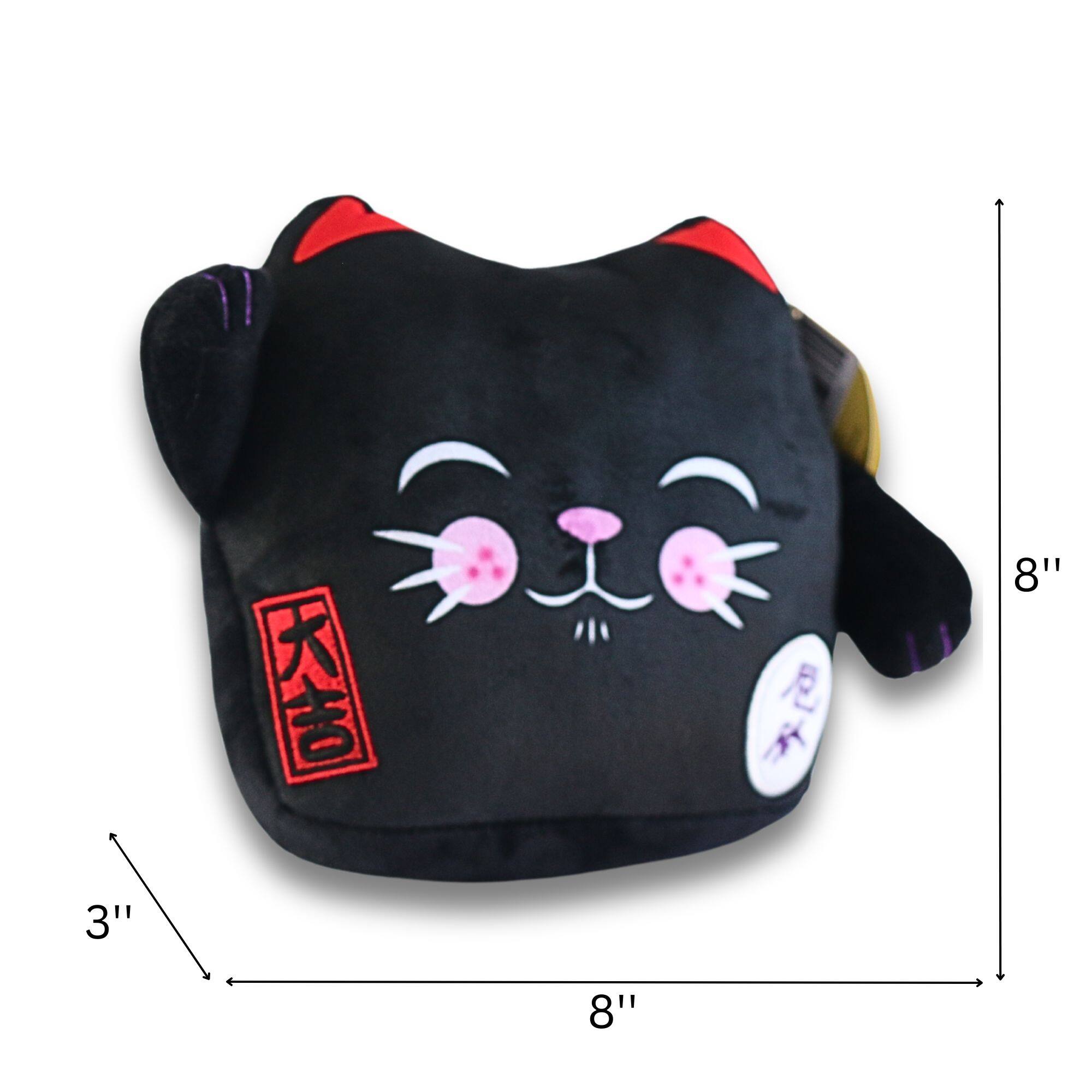 Angle. Maneki Neko - Maneki Neko Printed Cushion Soft Velboa 8 inch / 20cm x 21cm Black Closed Eye.