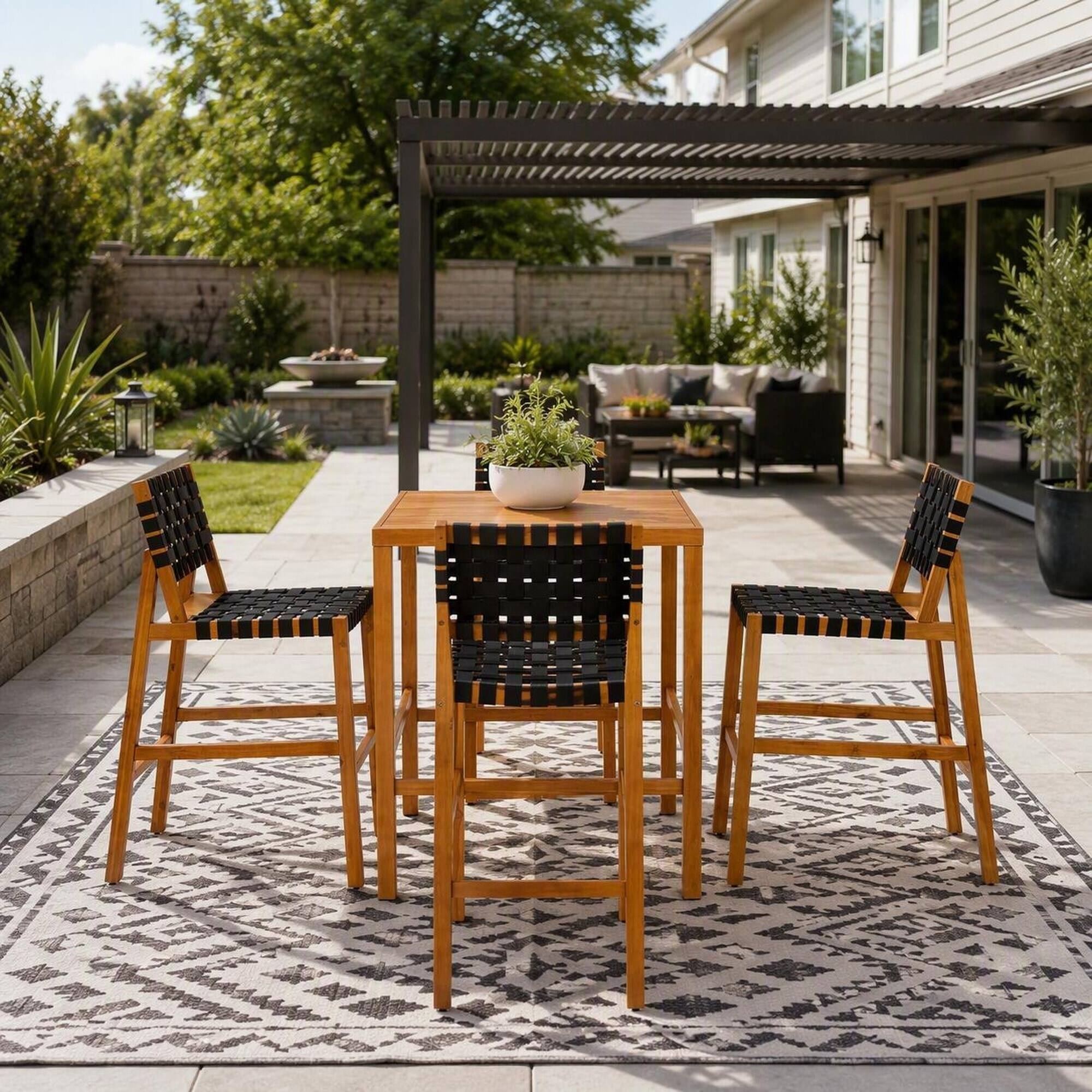Alt View 1. RYHNUYNE - 30.5" Seat Height 5‑Piece Wood Patio Bar Set,Teak Finish Frame with Black PE Woven Rope,Comfortable Seating - Teak+ Black.