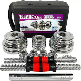Loheer - Adjustable Dumbbell Set 44 lb Cast Iron with Connecting Bar, Spinlock Home Gym Dumbbell Barbell Set, Carry Box - Chrome