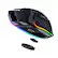 The image features a close-up view of a black and gray computer mouse with a rainbow light on the bottom. The mouse is designed by Razer and has a unique design with a light on the bottom. The mouse is positioned in the center of the image, with a close-up view of the bottom, showcasing the rainbow light.