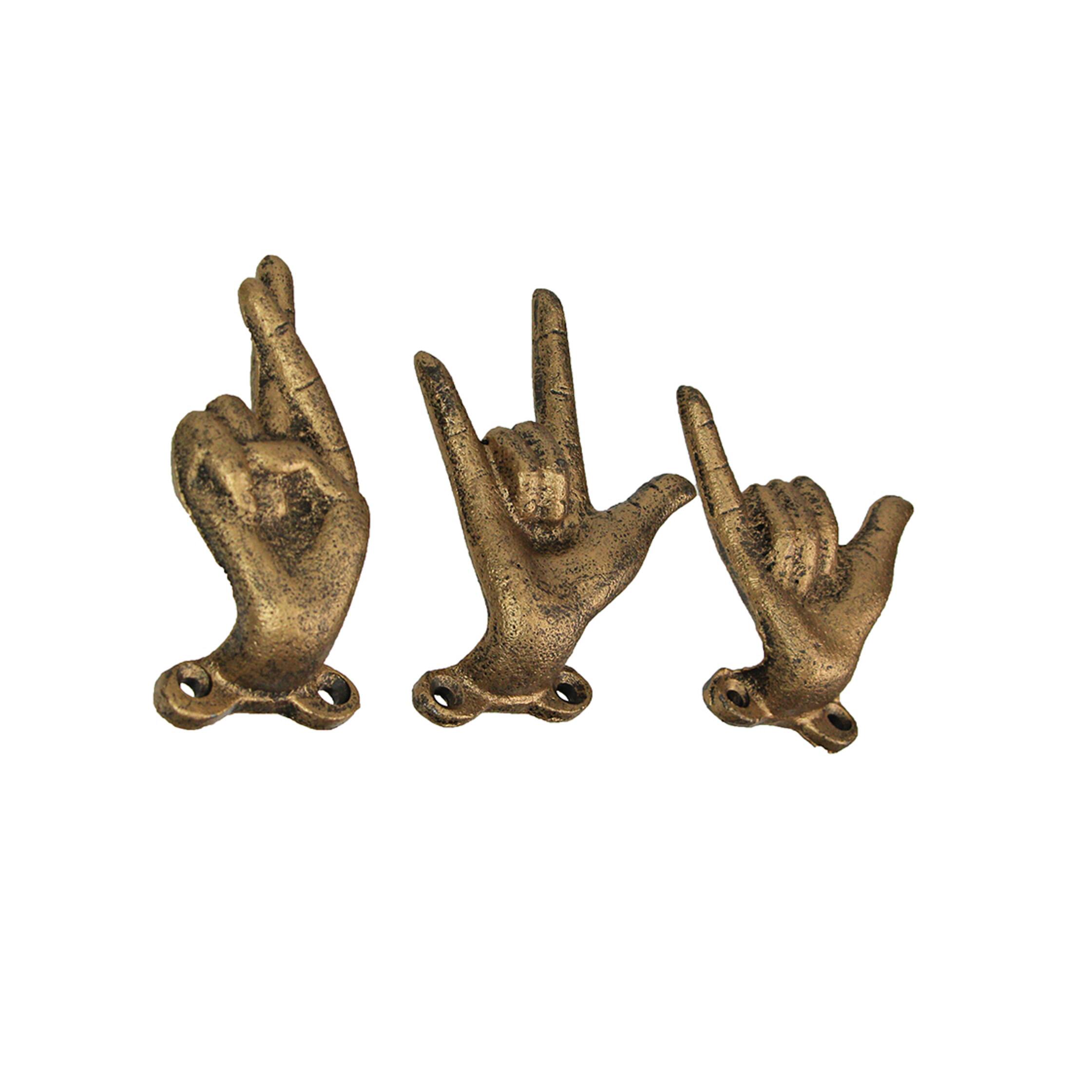 Alt View 1. Zeckos - Set of 3 Antique Gold Cast Iron Hand Gesture Wall Hooks - Yellow.