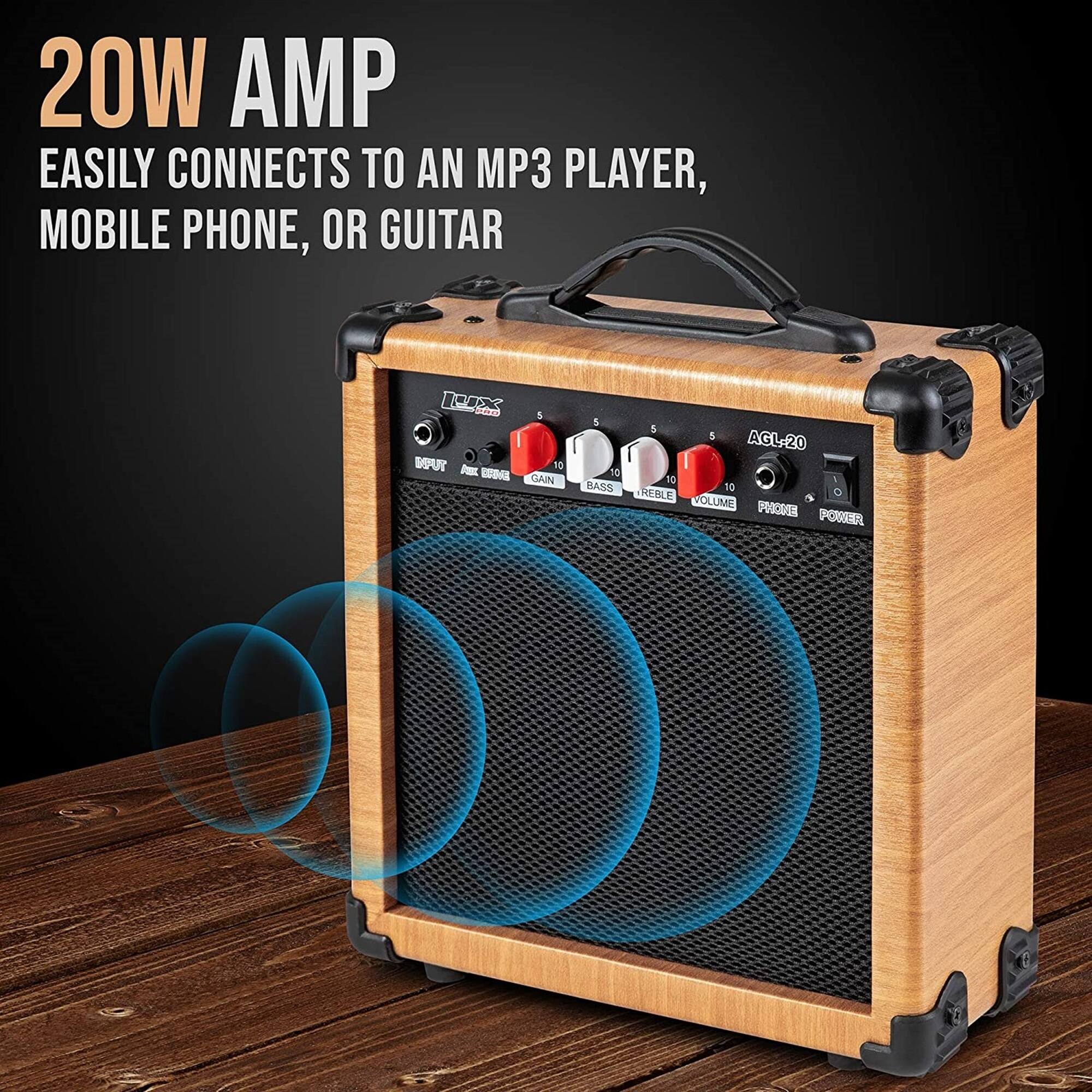 20W AMP EASILY CONNECTS TO AN MP3 PLAYER, MOBILE PHONE, OR GUITAR 10go3 10 152 Sdm 5 TUR Pe 19 - DAIN 5 10 BASS & 5 AGL-20 30 1 10 REBLE - COLUME POOOO POWER
