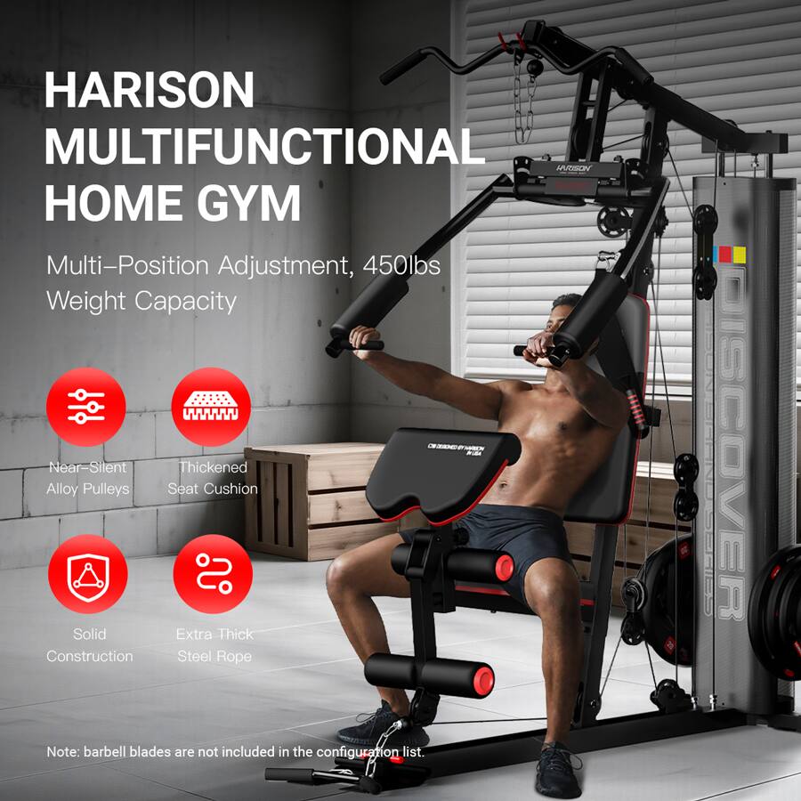 HARISON MULTIFUNCTIONAL HOME GYM

Multi-Position Adjustment, 450lbs Weight Capacity

- Near-Silent Alloy Pulleys
- Thickened Seat Cushion
- Solid Construction
- Extra Thick Steel Rope

Note: barbell blades are not included in the configuration list.