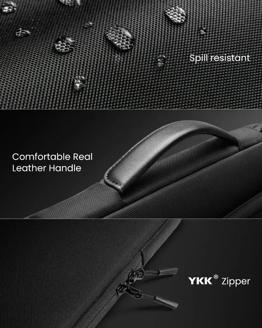 Spill resistant, Comfortable Real Leather Handle, YKK Zipper.
