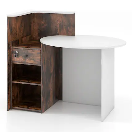 Front. SlickBlue - Office Reception Desk with Lockable Drawer & Open Shelf – Professional Workstation - Rustic Brown.