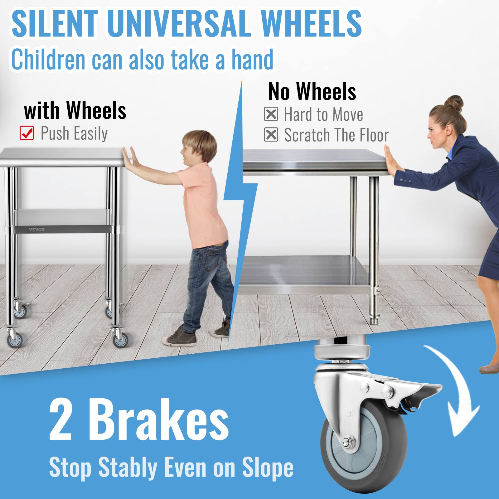 SILENT UNIVERSAL WHEELS  
Children can also take a hand

with Wheels  
✓ Push Easily

No Wheels  
✗ Hard to Move  
✗ Scratch The Floor

2 Brakes  
Stop Stably Even on Slope