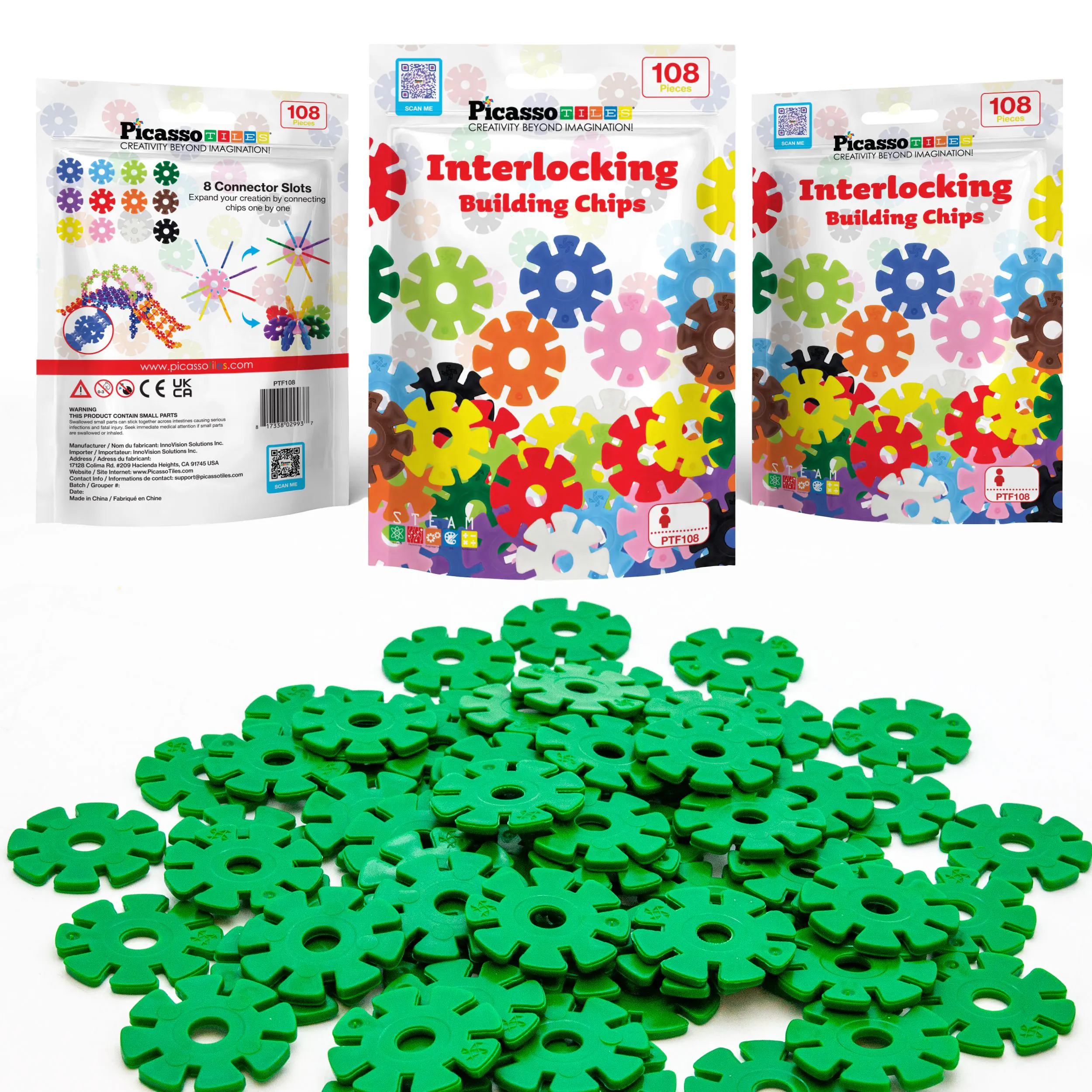 108 | Picasso: Creativity Beyond Imagination  
8 Connector Slots Expand your creativity by connecting chips one by one  
www.picasso161.com  
UK - CE  
Interlocking Building Chips  
108 Pieces  
PFT108