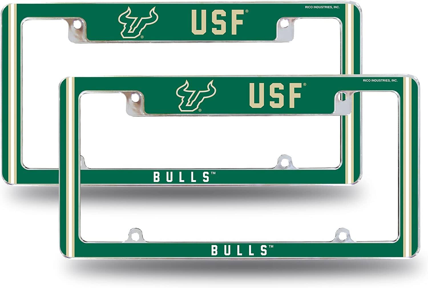 South Florida NCAA Bulls (Set of 2) Chrome Metal License Plate Frames with Bold Full Frame Design