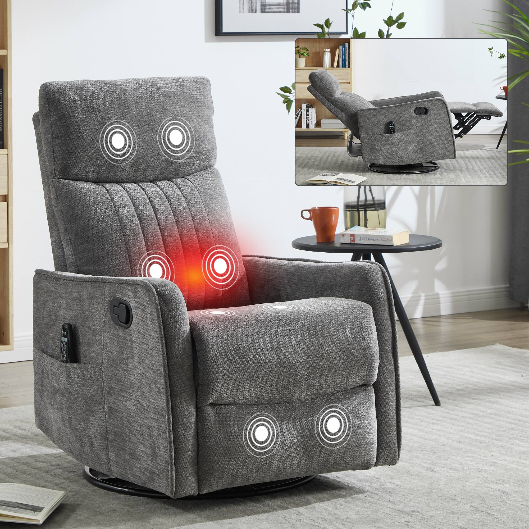 Angle. LUCKY ONE - Chenille Manual Recliner Chair with 360° Swivel, Rocker, Massage and Lumbar Heat - Dark Grey.