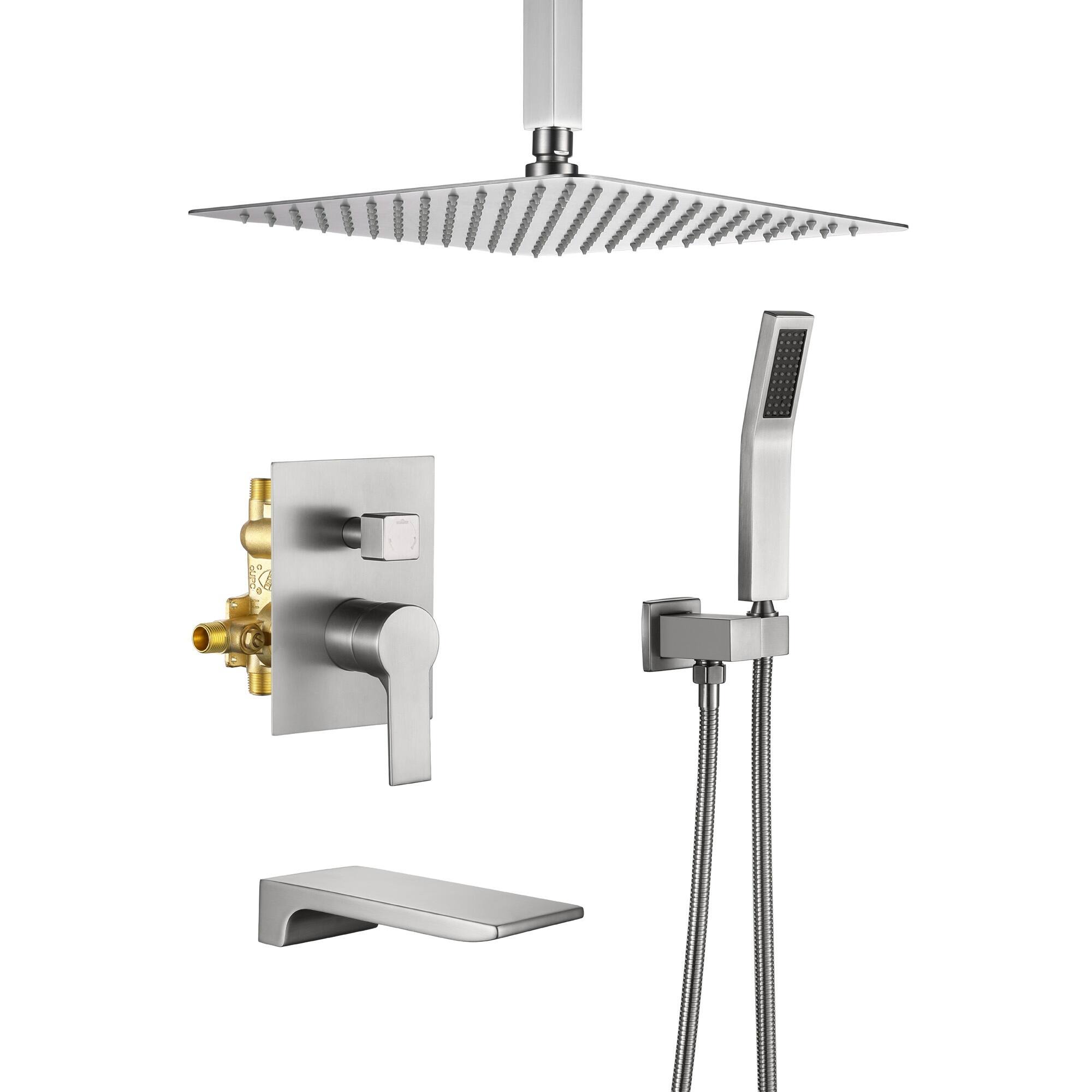 Front. Boyel Living - Brushed Nickel 12-Inch Rain Shower System Brass SUS304 3-Function Valve Waterfall Spout cUPC - Brushed Nickel.