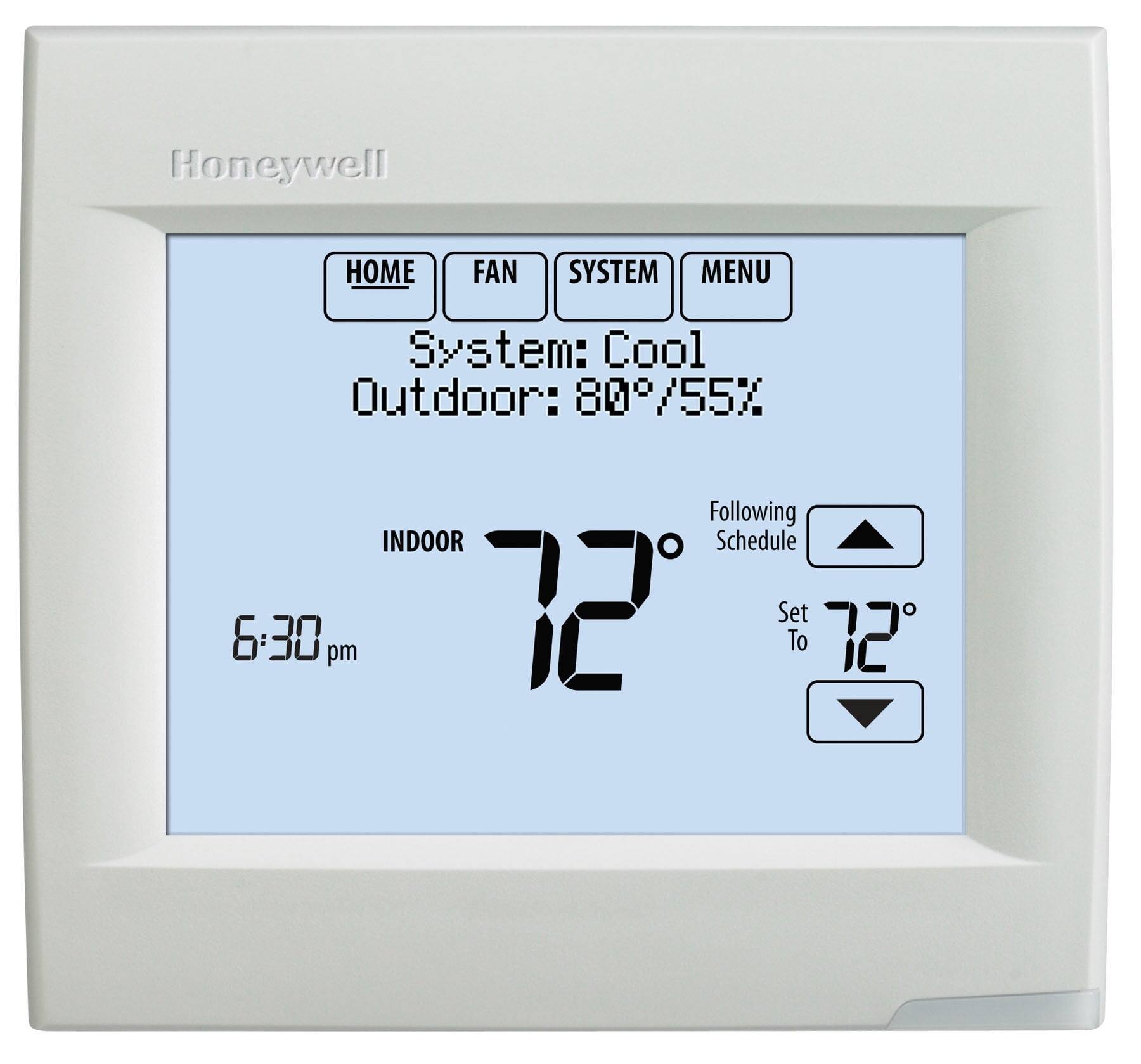Honeywell HOME FAN SYSTEM MENU  
System: Cool  
Outdoor: 80°F/55%  
Following INDOOR Schedule  
6:30 pm  
72°  
Set To 72°