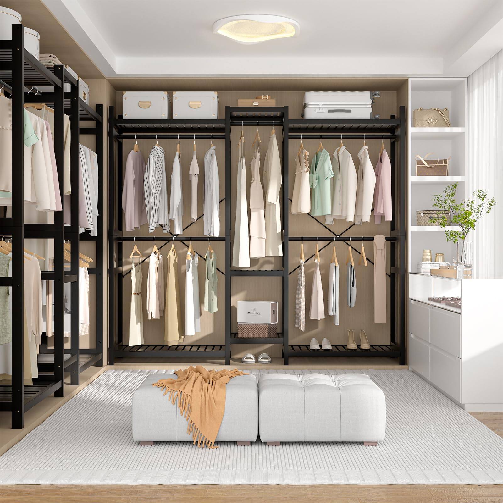 Back. Aheaplus - Bamboo Large Freestanding Garment Rack - 7 Shelves, 5 Rods & 4 Hooks - Open Closet Organizer - Black.