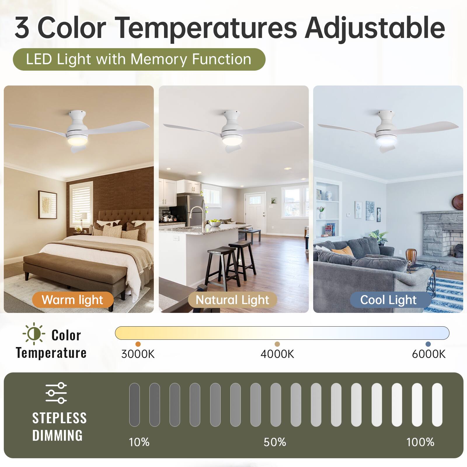 3 Color Temperatures Adjustable  
LED Light with Memory Function  

Warm light  
Natural Light  
Cool Light  

Color Temperature  
3000K  
4000K  
6000K  

Stepless Dimming  
10%  
50%  
100%