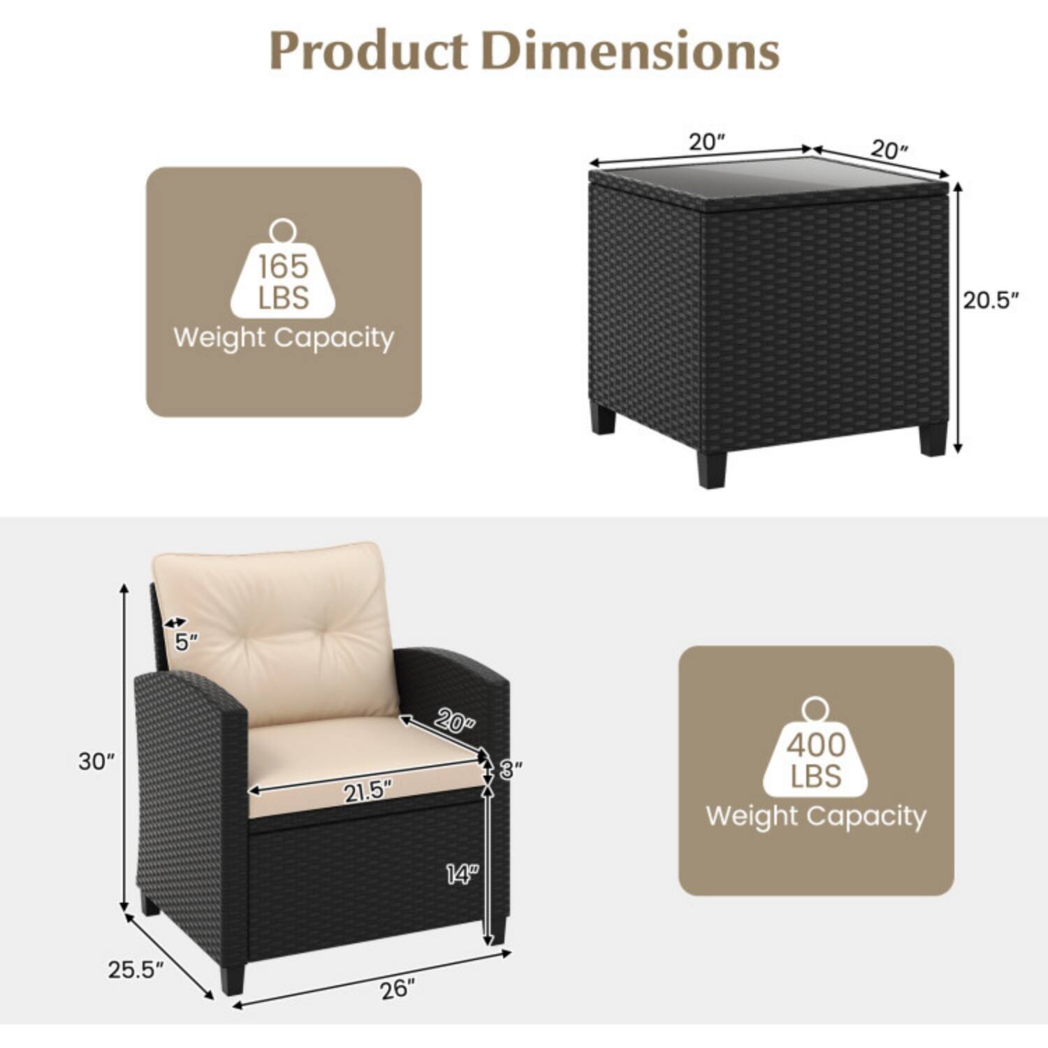 Product Dimensions

- 20" x 20" x 20.5" (Weight Capacity: 165 LBS)
- 25.5" x 26" x 30" x 21.5" x 20" x 3" (Weight Capacity: 400 LBS)