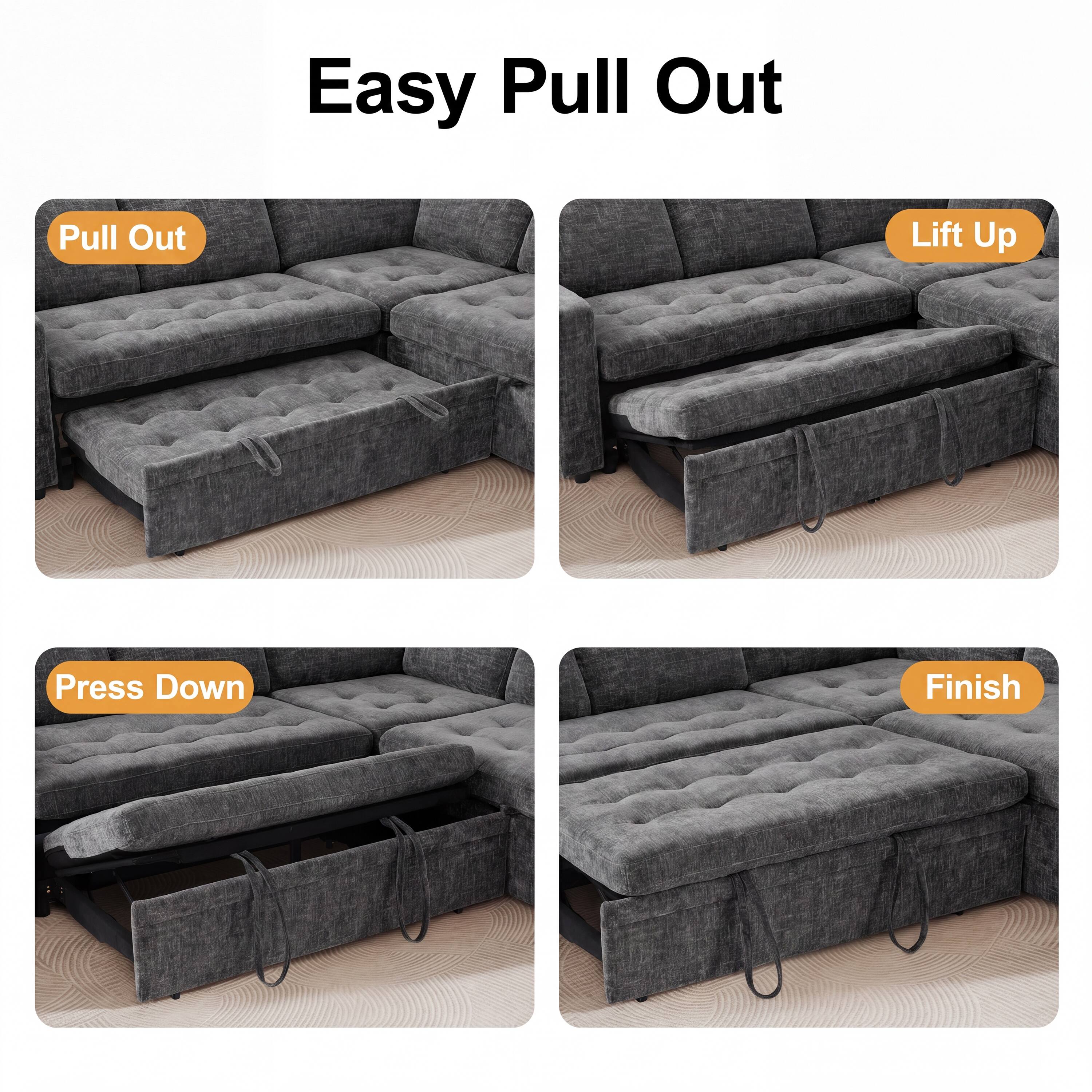 Easy Pull Out

- Pull Out
- Lift Up
- Press Down
- Finish