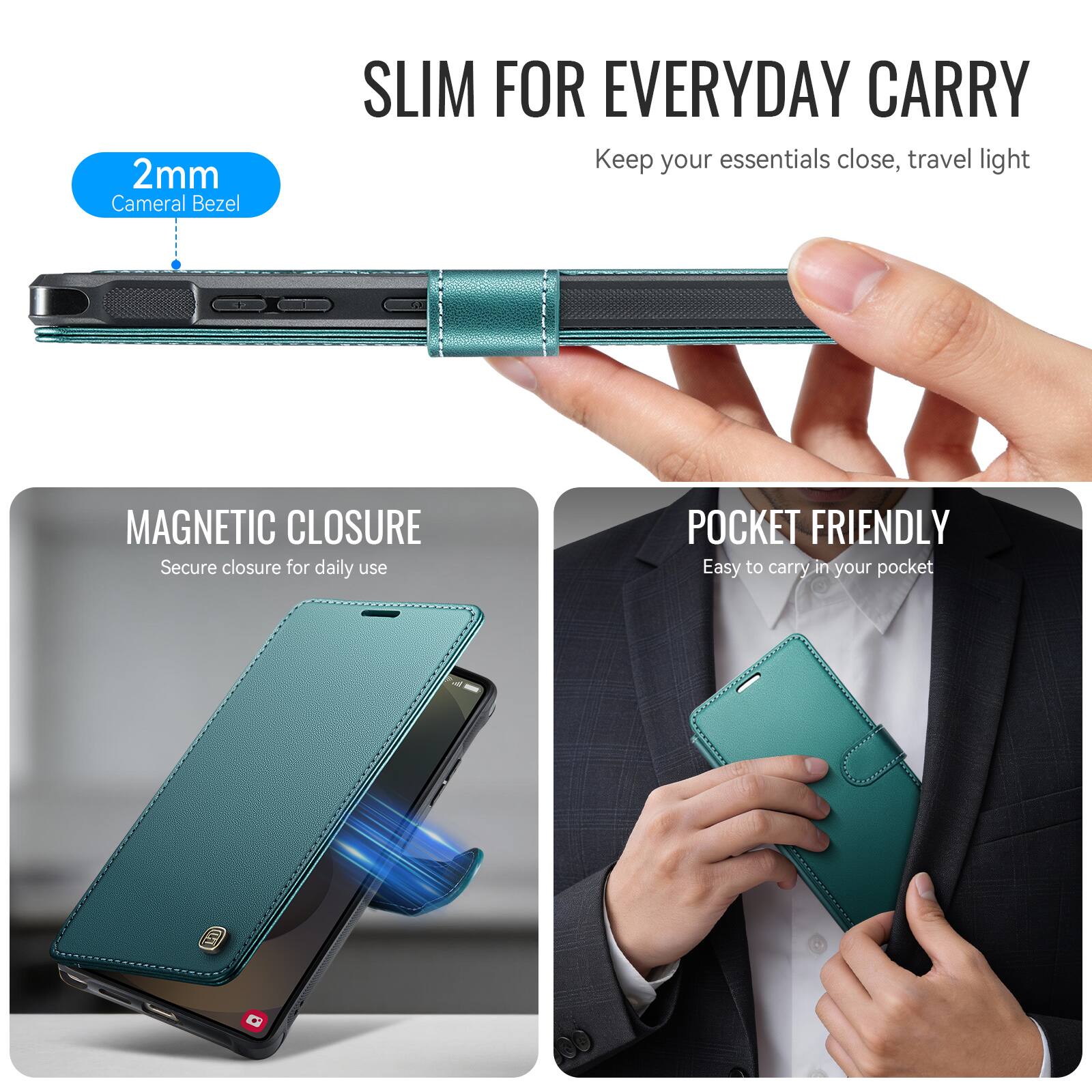 SLIM FOR EVERYDAY CARRY  
Keep your essentials close, travel light

2mm Cameral Bezel

MAGNETIC CLOSURE  
Secure closure for daily use

POCKET FRIENDLY  
Easy to carry in your pocket