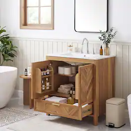 JUJABU - 30 Inch Freestanding Farmhouse Bathroom Vanity with Integrated White Ceramic Sink Top and Full Extension Drawer - Natural