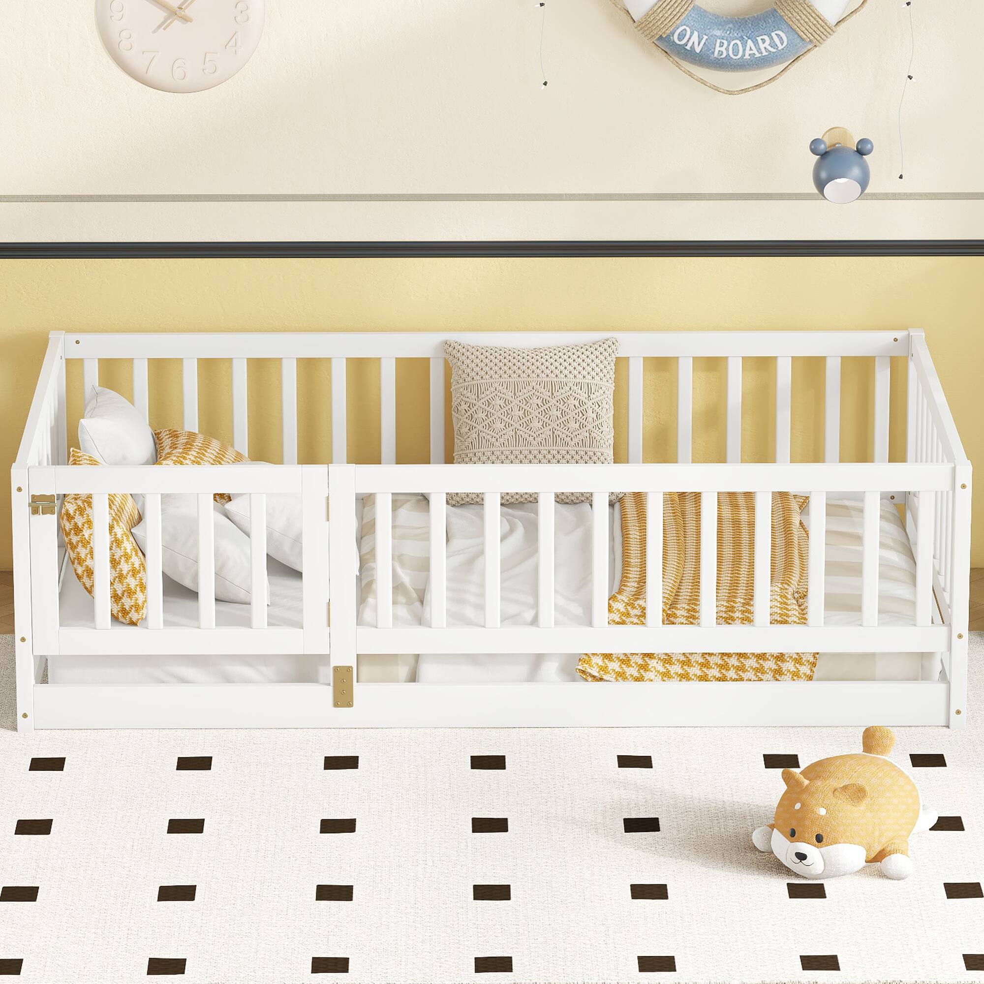 Angle. GOODSILO - Twin Size Montessori Floor Bed with Fence and Door, Wood Bed Frame for Kids, Boys & Girls - White.