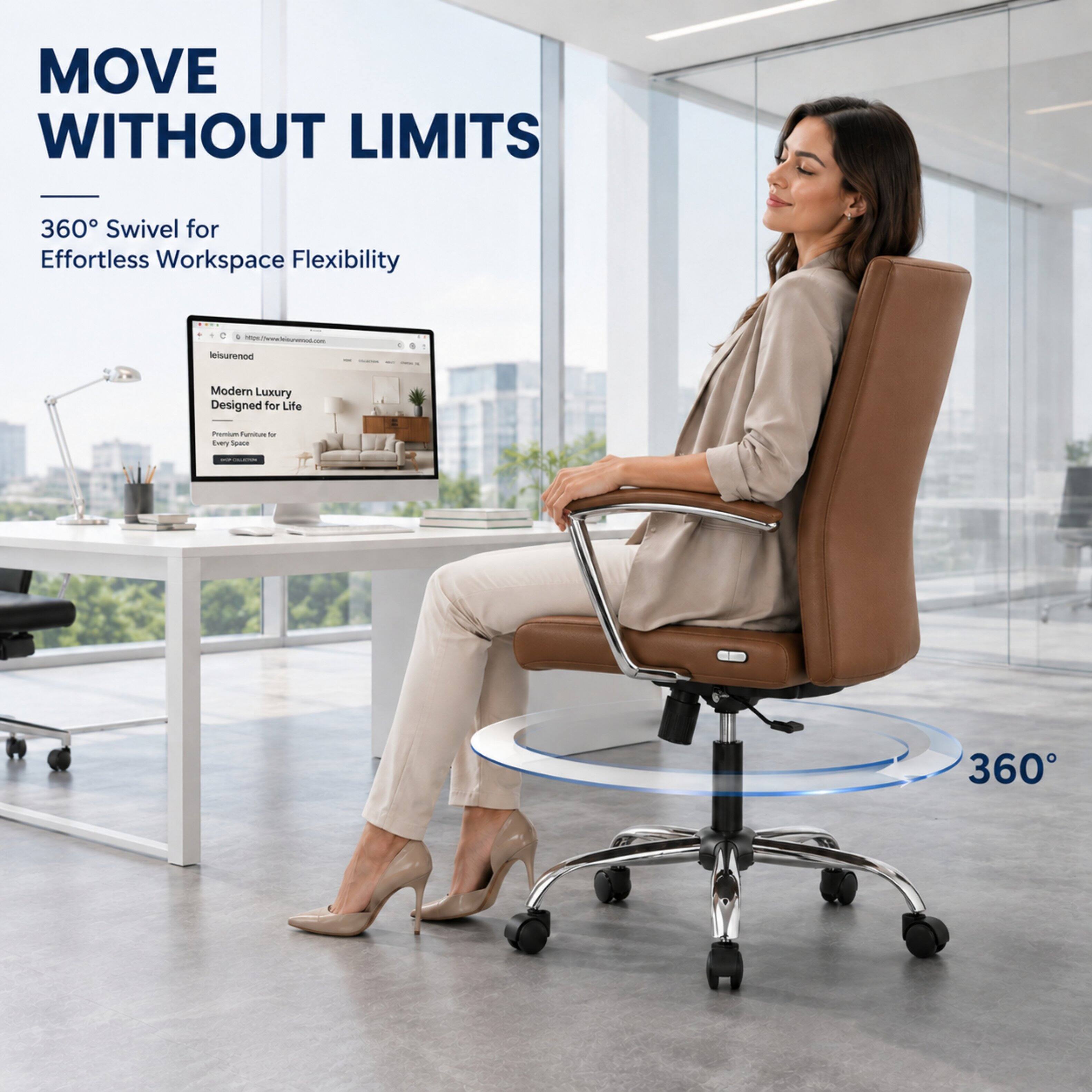MOVE WITHOUT LIMITS  
360° Swivel for Effortless Workspace Flexibility  
https://www.leisuremost.com  
leisurenod  
Modern Luxury Designed for Life  
Premium Furniture for Every Space  
360°