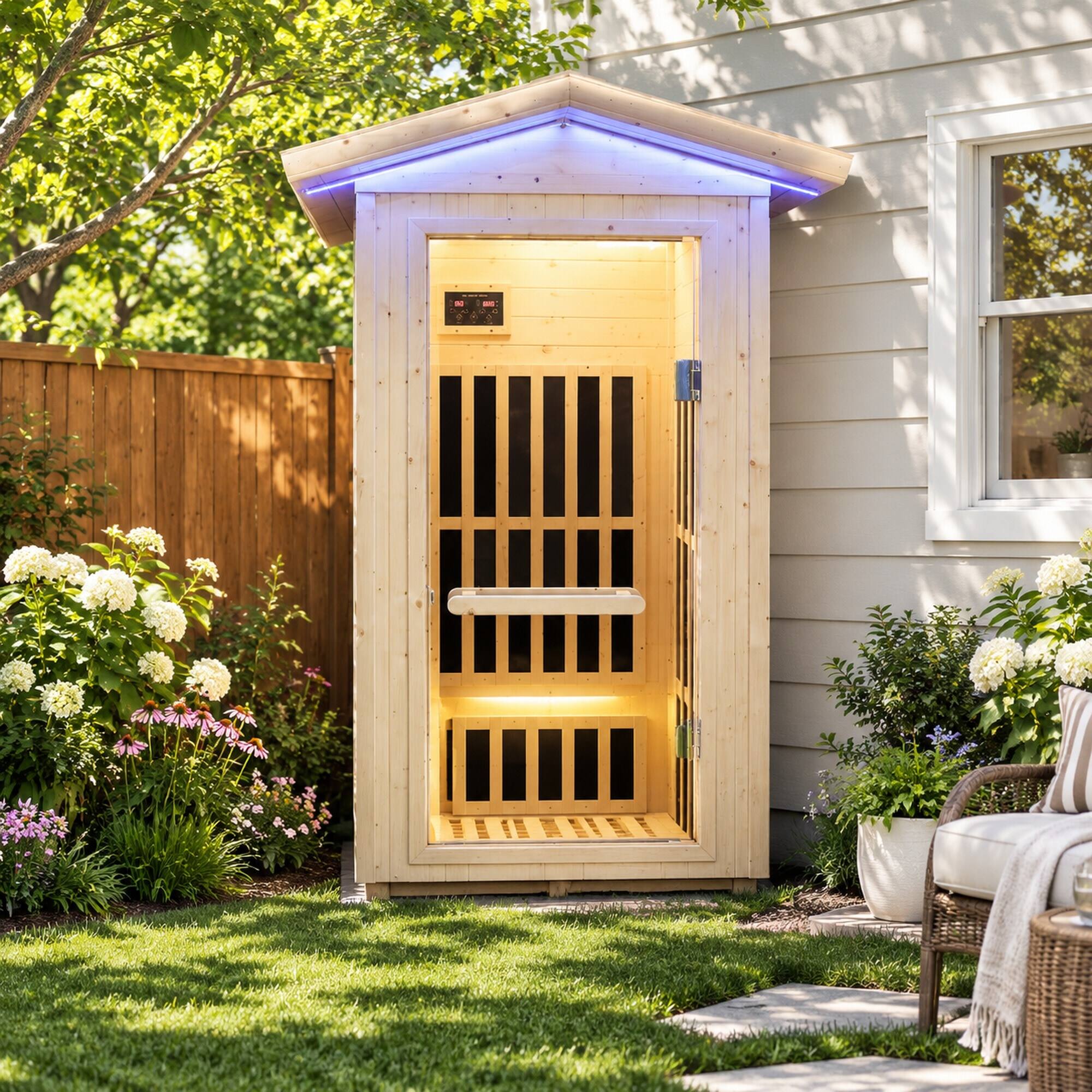 Alt View 2. RYHNUYNE - Single Person Spruce Far Infrared Sauna, 900 x 900 x 2070 mm, 7 Heating Plates, Bluetooth Music Player, 1550W - Natural.