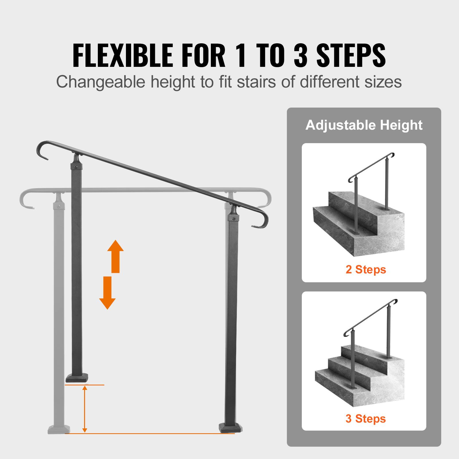FLEXIBLE FOR 1 TO 3 STEPS  
Changeable height to fit stairs of different sizes  

Adjustable Height  
2 Steps  
3 Steps