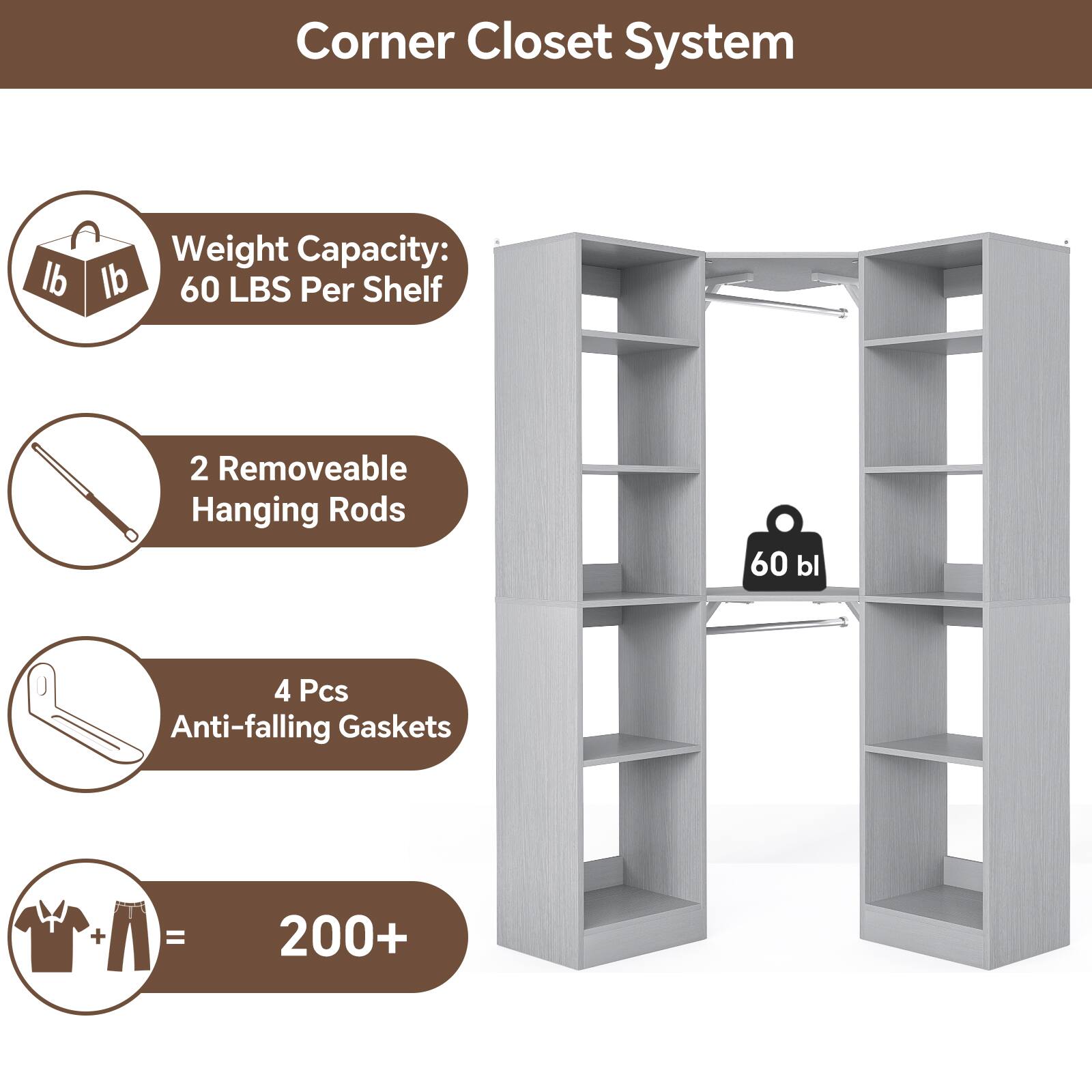 Corner Closet System

- Weight Capacity: 60 LBS Per Shelf
- 2 Removable Hanging Rods
- 4 Pcs Anti-falling Gaskets
- 200+