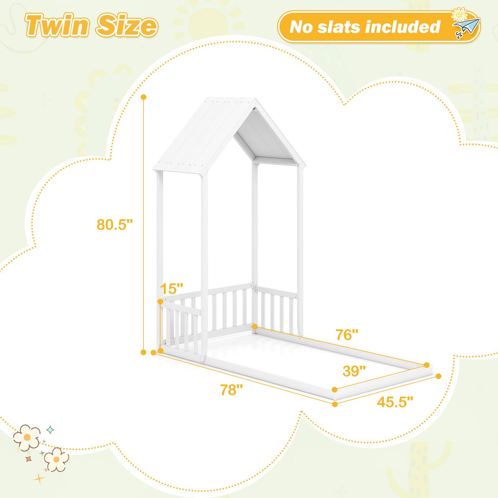 Twin Size  
No slats included  

80.5"  
15"  
76"  
78"  
39"  
45.5"