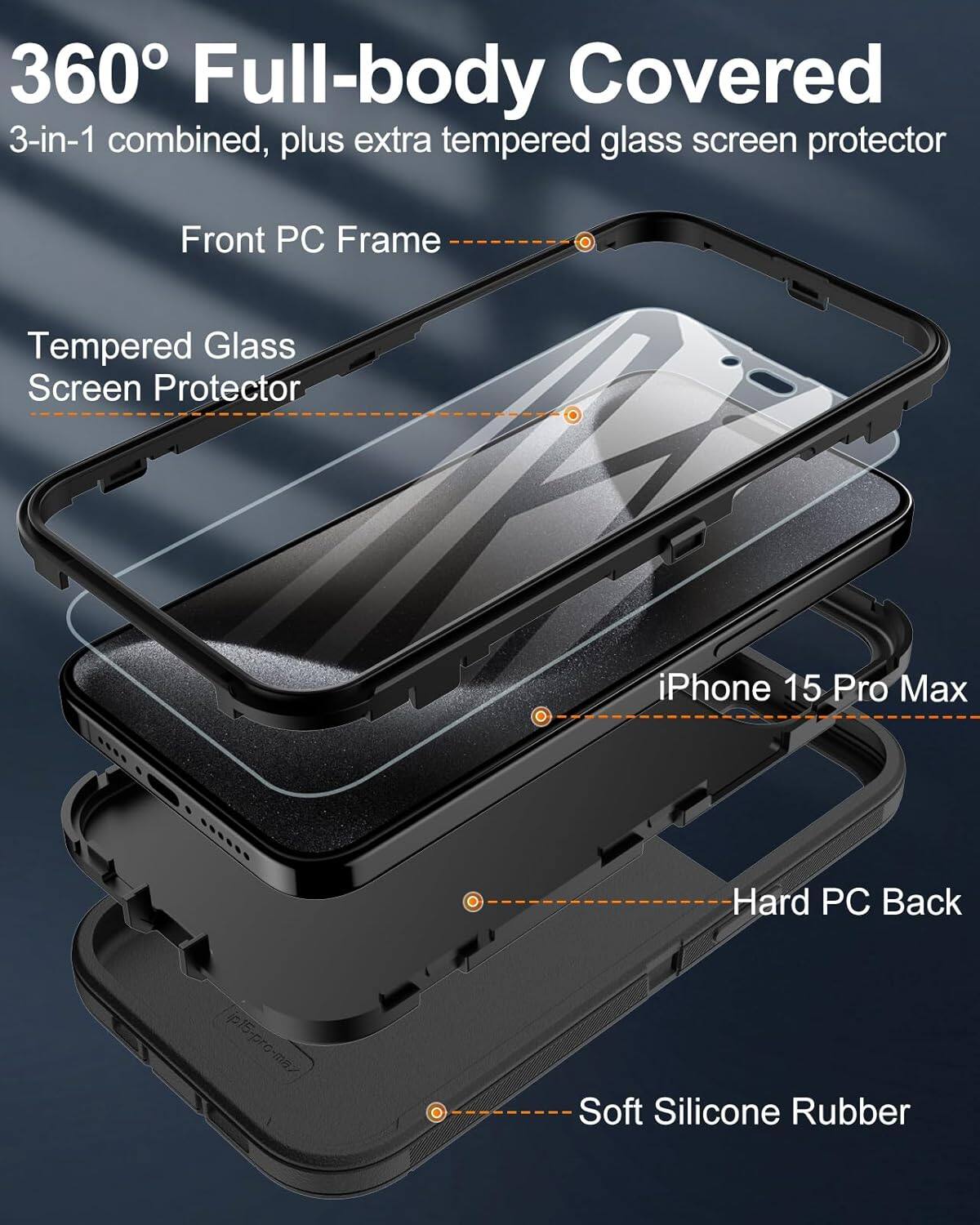 360 Full-body Covered, 3-in-1 combined, plus extra tempered glass screen protector, Front PC Frame, Tempered Glass Screen Protector, iPhone 15 Pro Max, Hard PC Back, Soft Silicone Rubber