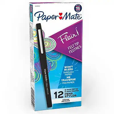 Paper Mate Flair!
Felt Tip Features
WON'T BLEED THROUGH PAPER
NE TRAVERSE PAS PAPIER
0.4mm felt tip
0,4mm feutres
12 PENS STYLOS
MEDIUM MOYENNE
