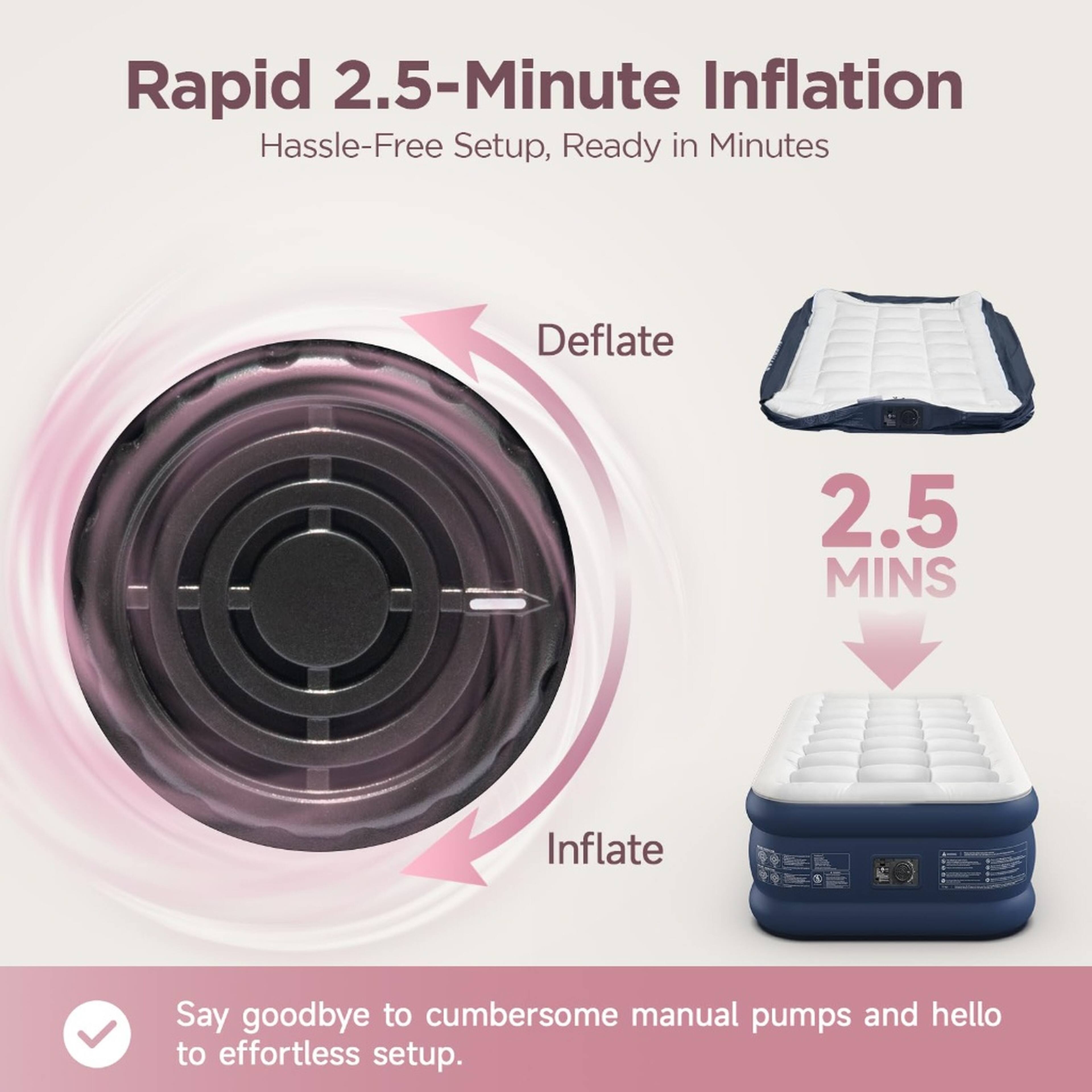 Rapid 2.5-Minute Inflation  
Hassle-Free Setup, Ready in Minutes

Deflate  
2.5 MINS  
Inflate

Say goodbye to cumbersome manual pumps and hello to effortless setup.