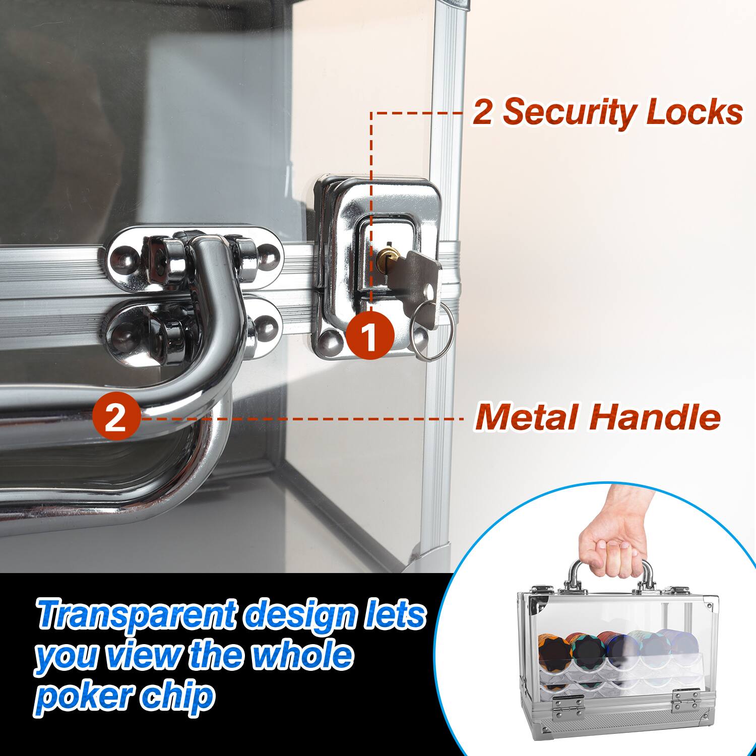 Transparent design lets you view the whole poker chip, 2 Security Locks, Metal Handle