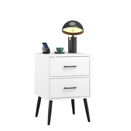Alt View 3. LUCKY ONE - Assembled 2-Drawer Nightstand White Metal Legs Handles - White.